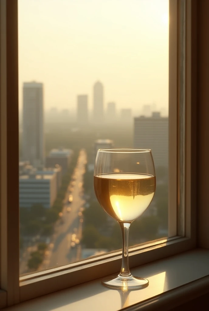 A glass of white wine in a window on a sunny day with a view from above a building, Ultra realistic,