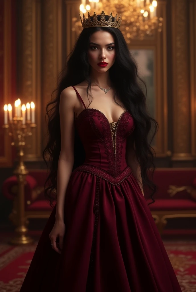 ((Raw image), nonsense, (absurd accuracy), masterpiece, best quality, (8k ultra detailed uniform CG background)، ( best illustration)، (best shadow)Realistic lighting, beautiful and detailed glow, ((21 years old)), a girl, long black hair, a black queen, accessories, a royal burgundy dress, inside a palace, the queen of witches, red lipstick, (((A photographic perspective of it)))