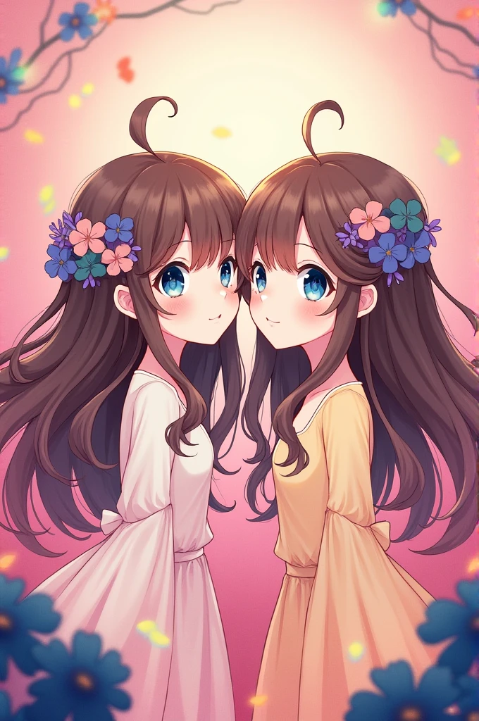 Anime illustration twin girls in rainbow style brown hair pink background with black flowers and flowers in the hair the eyes should be blue and they should look the same and cute