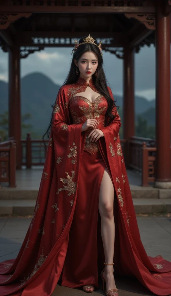 1girl, 20 years old, center, Black long hair, Red lips, Perfect thighs, Chinese Queen, Gold embroidery clothing, Red cheongsam, Lace, Red cape, Red embroidered shoes, (Look into the camera:1.5), stand up, night, Wooden pavilion, Chinese Palace, Front view, curls, Hair flying, Gloomy sky, beautiful right eye pupil, (Very delicate and beautiful Korean female facial features:1.3), (Beautiful and detailed description of eyes), Best picture quality, Movie Lighting, Detailed background, Surrealism, rococo style, Art Deco, dutch angle, masterpiece, UHD, masterpiece, ccurate, anatomically correct, textured skin, super detail, high details, award winning, best quality, 8k, gufeng