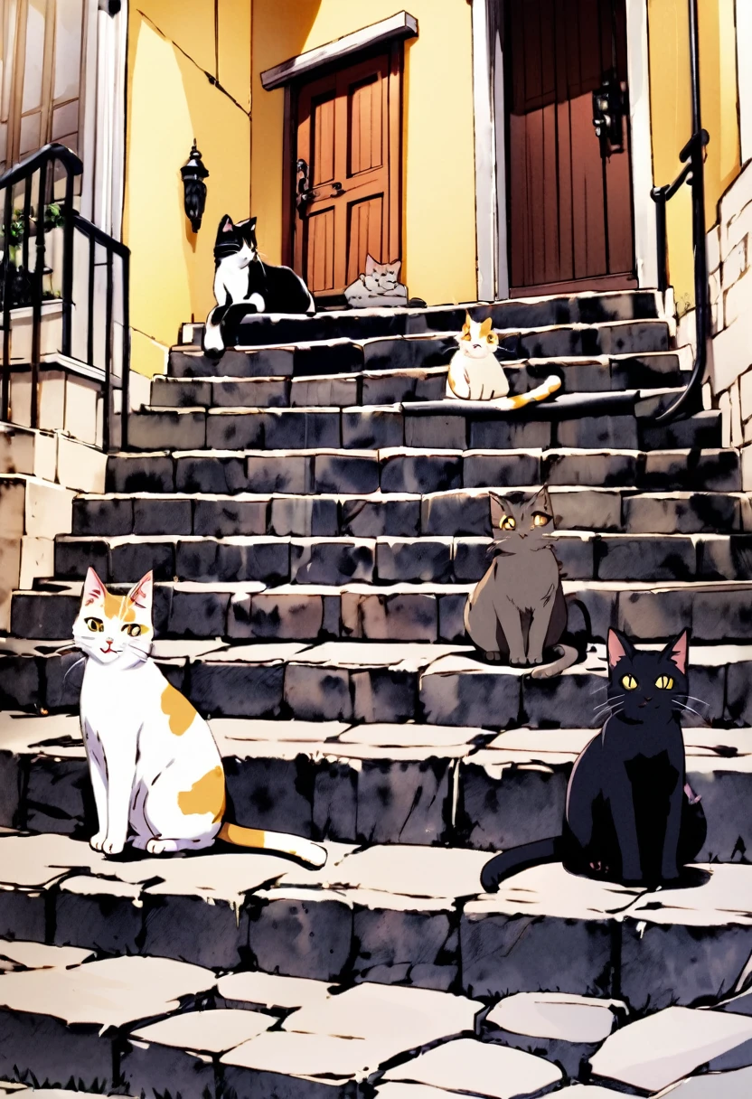 Cats on the stone steps 