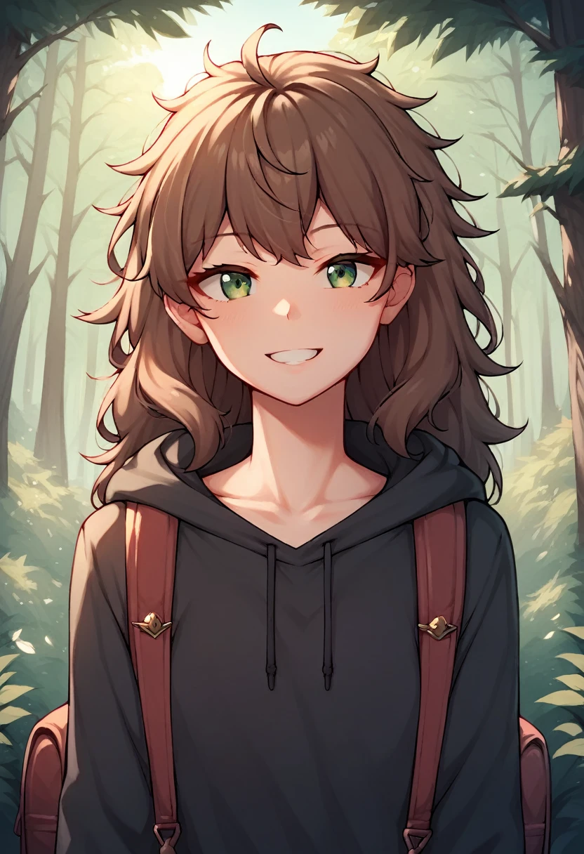 score_9, score_8_up, score_7_up, score_6_up, score_5_up, score_4_up, source_anime, 1girl, lisadef, upper body, sexy smile, brown hair, long hair, green eyes,  messy hair, black shirt, backpack, forest, trees, full body, worth, turn your back, looking at the viewer, best quality, best res, 4K UHD, Close-Up, evening, nature park, hooded sweatshirt, light wind, 