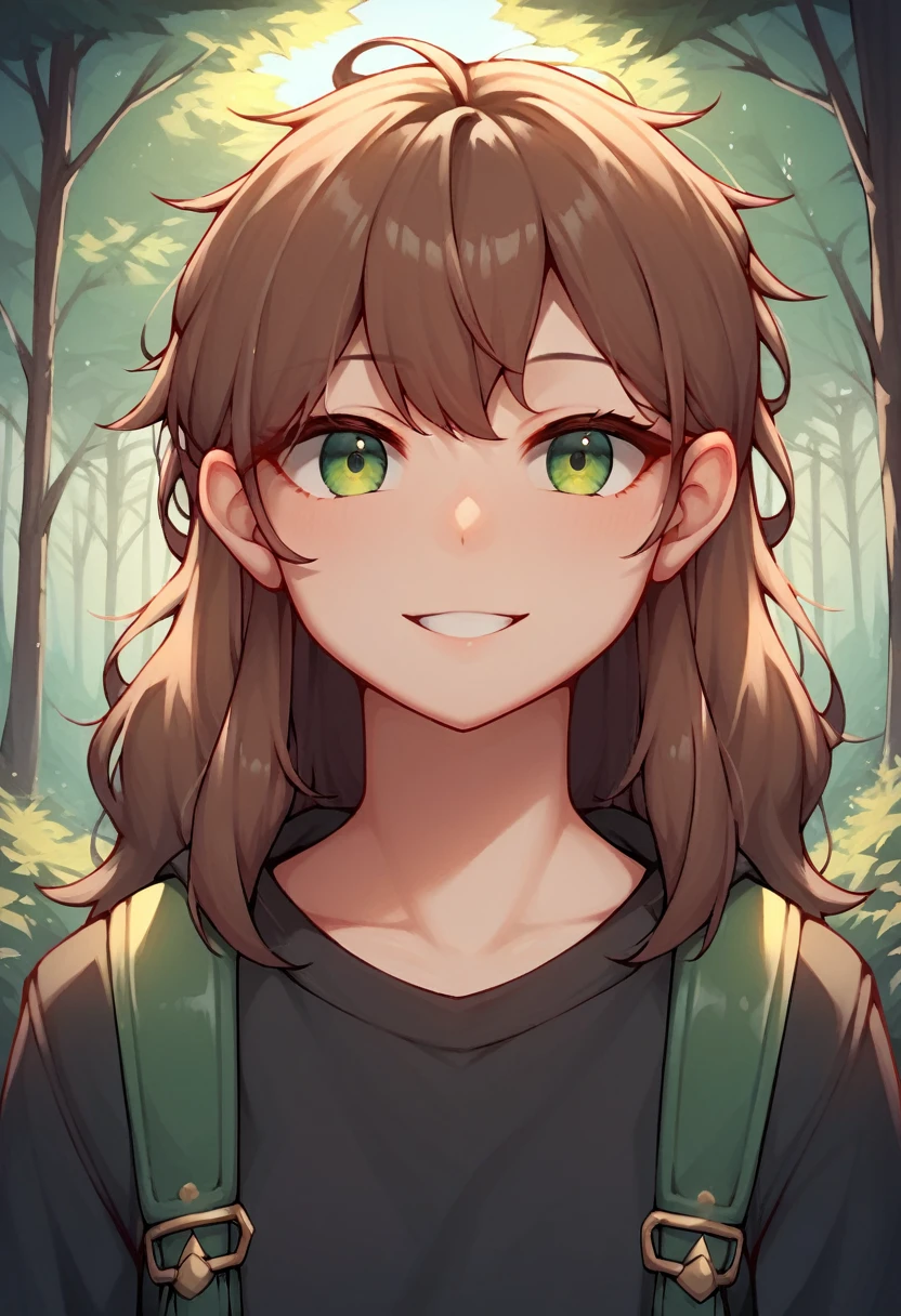 score_9, score_8_up, score_7_up, score_6_up, score_5_up, score_4_up, source_anime, 1girl, lisadef, upper body, sexy smile, brown hair, long hair, green eyes,  messy hair, black shirt, backpack, forest, trees, full body, worth, turn your back, looking at the viewer, best quality, best res, 4K UHD, Close-Up, evening, nature park, hooded sweatshirt, light wind, 