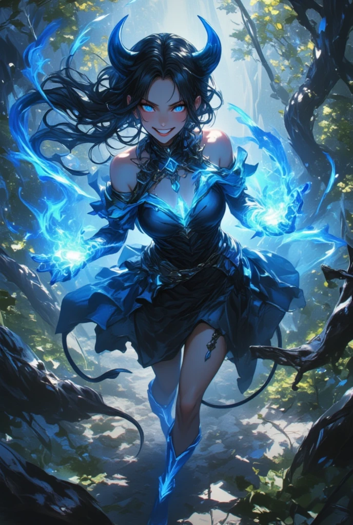 sweet devil woman, strong, she has blue fire powers, her boots are blue, she drags leaves to the ground, view from up, wearing a dress, tail