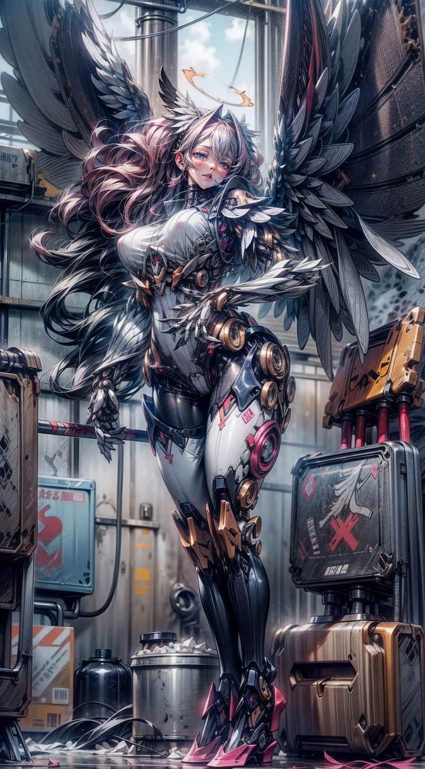 scantily clad，(very_large_mechanical_wings:1.5), Thick mech，In pink，red colour，black in color，white colors，purpleish color，Lots of detail，Mix and match，metalictexture，Ruined city，Dirty streets，Combat damage mech，Full body like，Huge bust，Take to the skies，nakeness，Large amounts of colored liquid, solo, angel, halo, war, dynamic pose,bad_pictures
