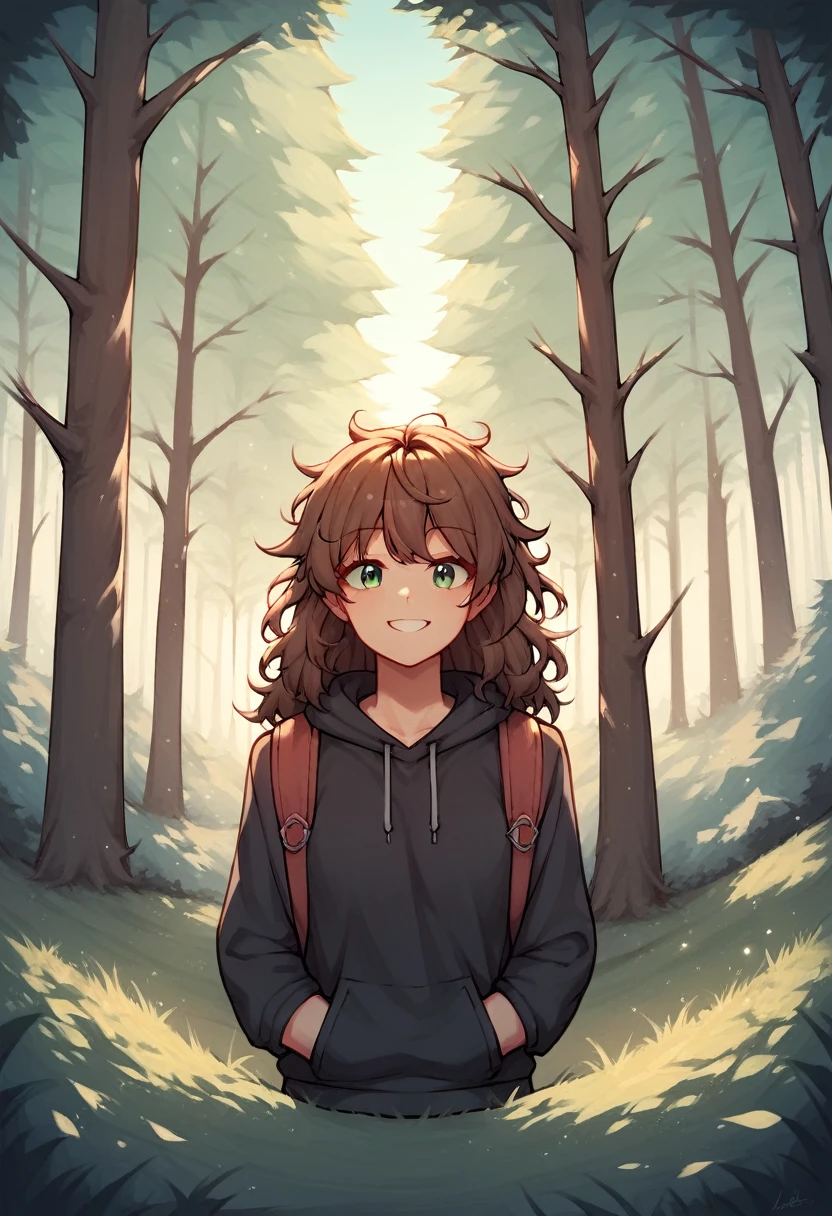 score_9, score_8_up, score_7_up, score_6_up, score_5_up, score_4_up, source_anime, 1girl, lisadef, upper body,  smile, woman, brown hair, long hair, green eyes,  messy hair, black shirt, backpack, forest, trees, full body, worth, turn your back, looking at the viewer, best quality, best res, 4K UHD, Close-Up, evening, nature park, hooded sweatshirt, light wind, 