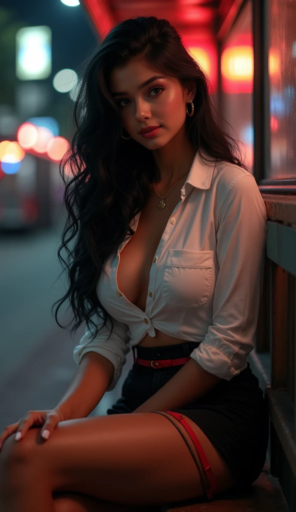 Image of a dark-haired woman with windblown curls, her hair is intertwined, like a flame against the twilight sky dancing in the street of an older small neighborhood, laughing and smiling, raining, wet clothes and skin and hair, wearing an oversized unbuttoned white shirt, shorts, radiating unbridled beauty, ,   mascara, eyeliner,  expressive lips, alluring necklace, stylish  streetwear, smoky eye makeup,  in los angeles california
