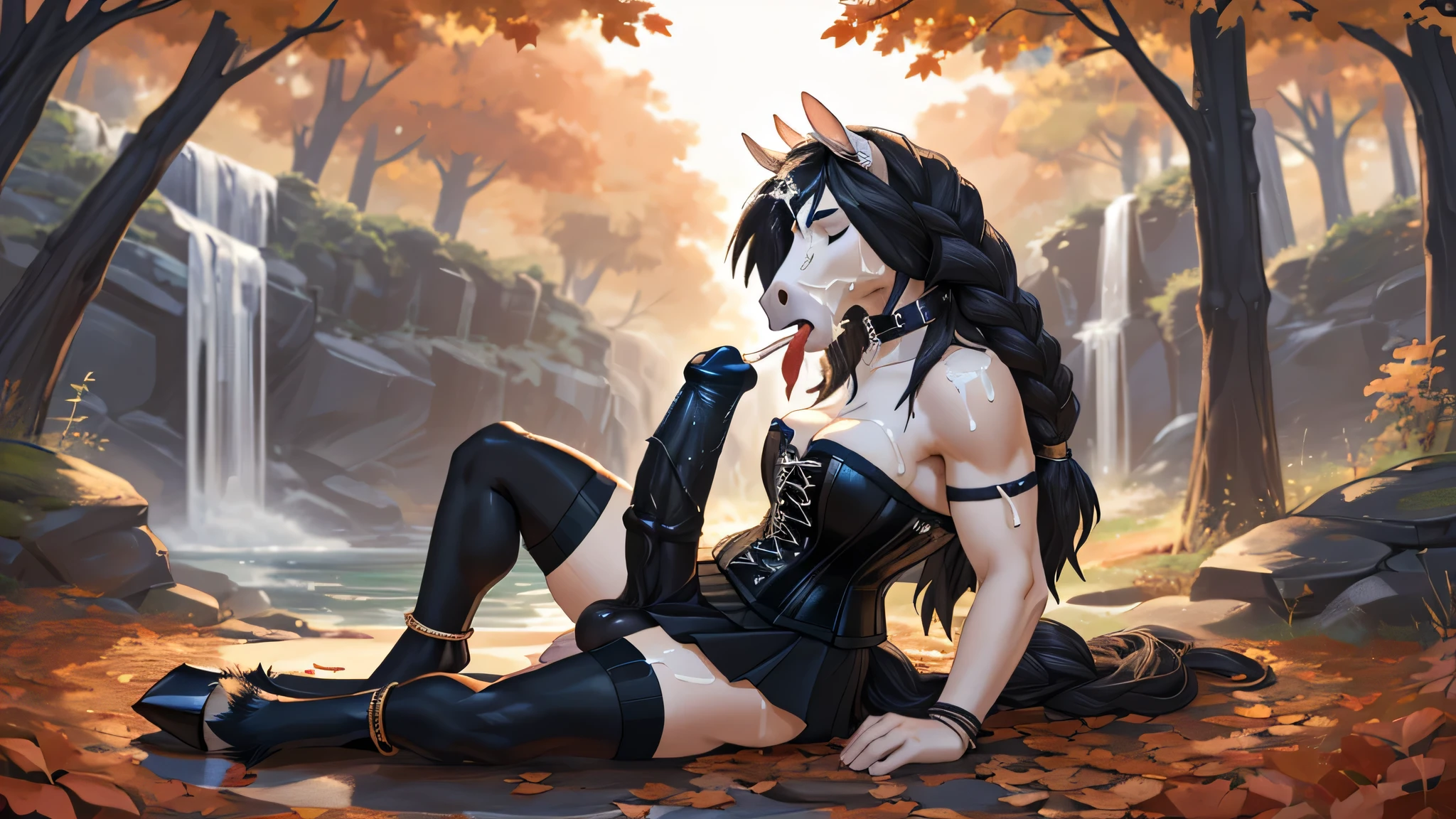 solo, (woman), ((horse girl)), ((tail)), ((digitigrade)), ((digitigrade legs)), ((hooves)), ((full body)), (fit body), (huge breasts), (white fur), long hair, black hair, straight hair, braids, eyes closed, (goth), ((neutral expression)), (anklets), (bracelets), ((choker), ((collar)), ((stockings)), ((corset)), ((miniskirt)), ((short skirt)), outside, forest, autumn, night time, sitting by river, waterfall, ((resting)), ((((legs together)))), ((futanari)), ((black penis)), ((erection)), ((huge penis)), ((flared penis)), ((flared penis tip)), (((cock ring))), ((penis sticking out from under skirt)), ((masturbating)), ((masturbation)), ((ejaculating)), ((ejaculatuon)), ((cumming)), ((cum dripping from penis)), ((semen dripping from penis)), ((cum on face)), ((semen on face)), (((cum on clothes))), (((semen on clothes))), ((((penis pointed at own face)))), ((((ejaculating in own face)))), ((((cumming in own face)))), ((((autofacial)))), ((((autofellatio)))), ((((autofellation)))), ((((ejaculating in own mouth)))), ((((cumming in own mouth)))), ((licking tip of own penis))
