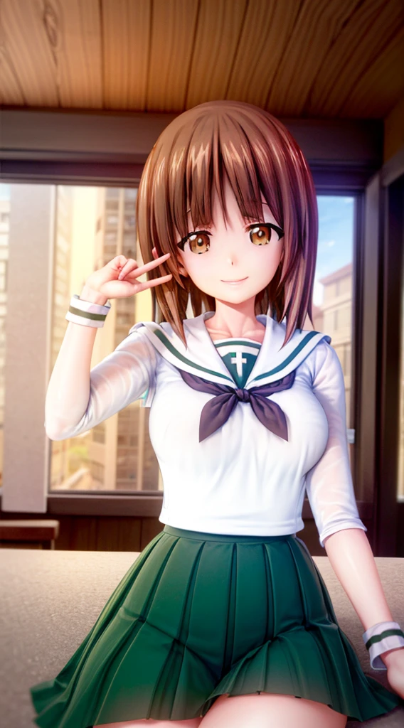 masterpiece,  best quality ,girls and tanks ,Nishizumi Mio , Oorai school uniform,  a white shirt  ,black neckerchief, classroom,   cowboy shot  , ( focus :1.2), charming look , Ethereal Beauty,(( best quality )), ((masterpiece)), ( in detail),  otherworldly appeal, sexy,  seductive smile , shinjichair, cute face, sitting pose