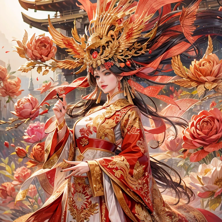 A woman in a red Chinese costume stands next to a supercar,Exquisite phoenix crown,anatomy correct,A detailed eye, 二重まぶた，Whiten skin，Big breasts Delicate pattern，Oriental elements，Ink painting style, Clean colors,Golden space, Soft lighting, ( Bokeh)，Masterpiece, Super detailed, Epic composition, Highest quality, 4K