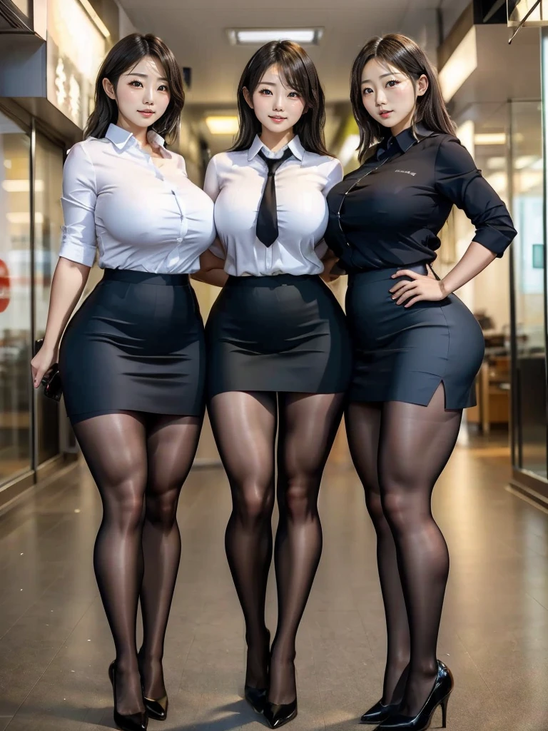  great quality, 16k,  Hi-Res, (Composition away from the subject), ( Full body photo from face to ankle ), ( perfect anatomy:1.4), 3 Super Cute Japanese Women 18 Years Old , Beautiful secretaries loyal to their husband who loves black pantyhose,  Beautiful Secretaries Going to Show Their Black Pantyhose Legs ,  My husband ejaculates a lot on beautiful secretaries' black pantyhose,  Beautiful Secretaries Wear Tight, Mini-Length Uniforms , The three women standing side by side in the office are wearing the same uniform, ( Full Body Shots of 3 Women Wearing White Shirts, Black Tights, and Navy Blue Tight Miniskirt and Black Pantyhose), (Shot in a brightly lit hallway ), (Glamorous Black Pantyhose ), Thick Soled High Heel Pumps , (Stand with legs shoulder-width apart ), Simple Japanese High School Girl Uniform , , ( Muscular Legs Wearing Black Pantyhose :1.6), (Very wide thighs:1.4), (Very long legs:1.2), (The tight, short miniskirt is matte black), (Plump legs), ( They Always Wear Black Pantyhose .),  thin waist, ( Mini Skirt Very Short :1.4), (Wide thighs and long legs :1.4), (Thick Soled High Heel Pumps を着用), (8k), (Best Quality: 1.2),  very detailed, Golden Ratio, (Big Tits),  huge breasts,  cleavage, Athletic build,  (Super cute face), Blonde, Full body shot of 3 women wearing long hair , Looking down here, Stand side by side in the office,  perfect face, Perfect Legs, Perfect Arms, Perfect hands,