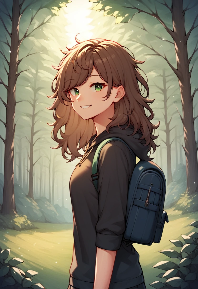 score_9, score_8_up, score_7_up, score_6_up, score_5_up, score_4_up, source_anime, 1girl, lisadef, upper body, smile, woman, brown hair, long hair, green eyes, messy hair, black shirt, backpack, forest, trees, full body, worth, turn your back, looking at the viewer, best quality, best res, 4K UHD, Close-Up, evening, nature park, hooded sweatshirt, light wind, 