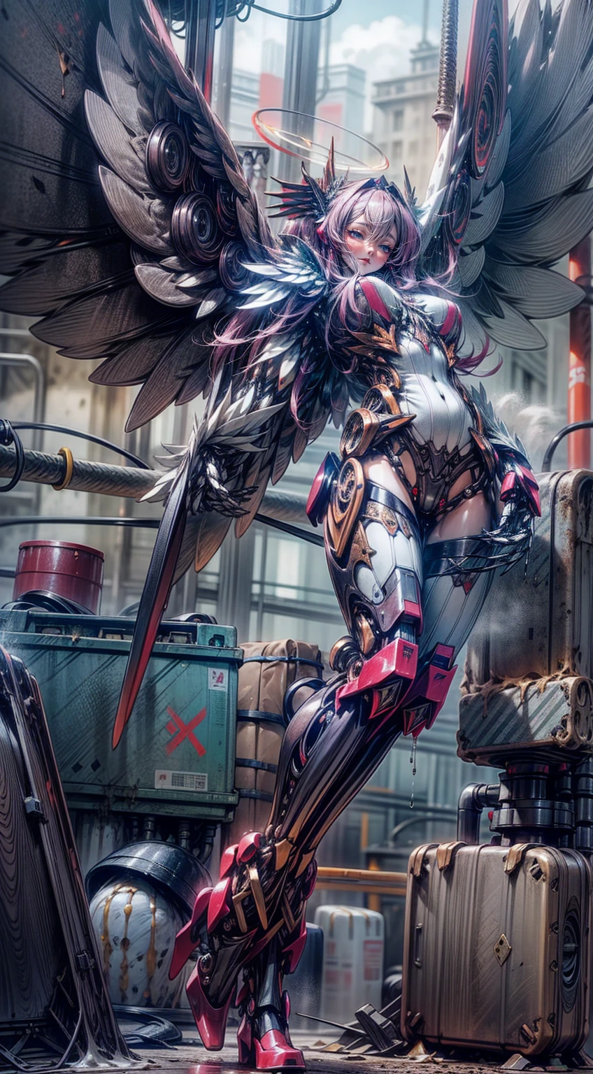 scantily clad，(very_large_mechanical_wings:1.5), Thick mech，In pink，red colour，black in color，white colors，purpleish color，Lots of detail，Mix and match，metalictexture，Ruined city，Dirty streets，Combat damage mech，Full body like，Huge bust，Take to the skies，nakeness，Large amounts of colored liquid, solo, angel, halo, war, dynamic pose,bad_pictures
