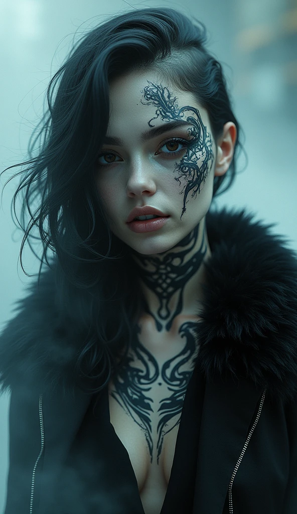 Girl、tattoo、Fog、cyberpunk、black fur、monochrome、half white and half black、hyperrealistic, neon