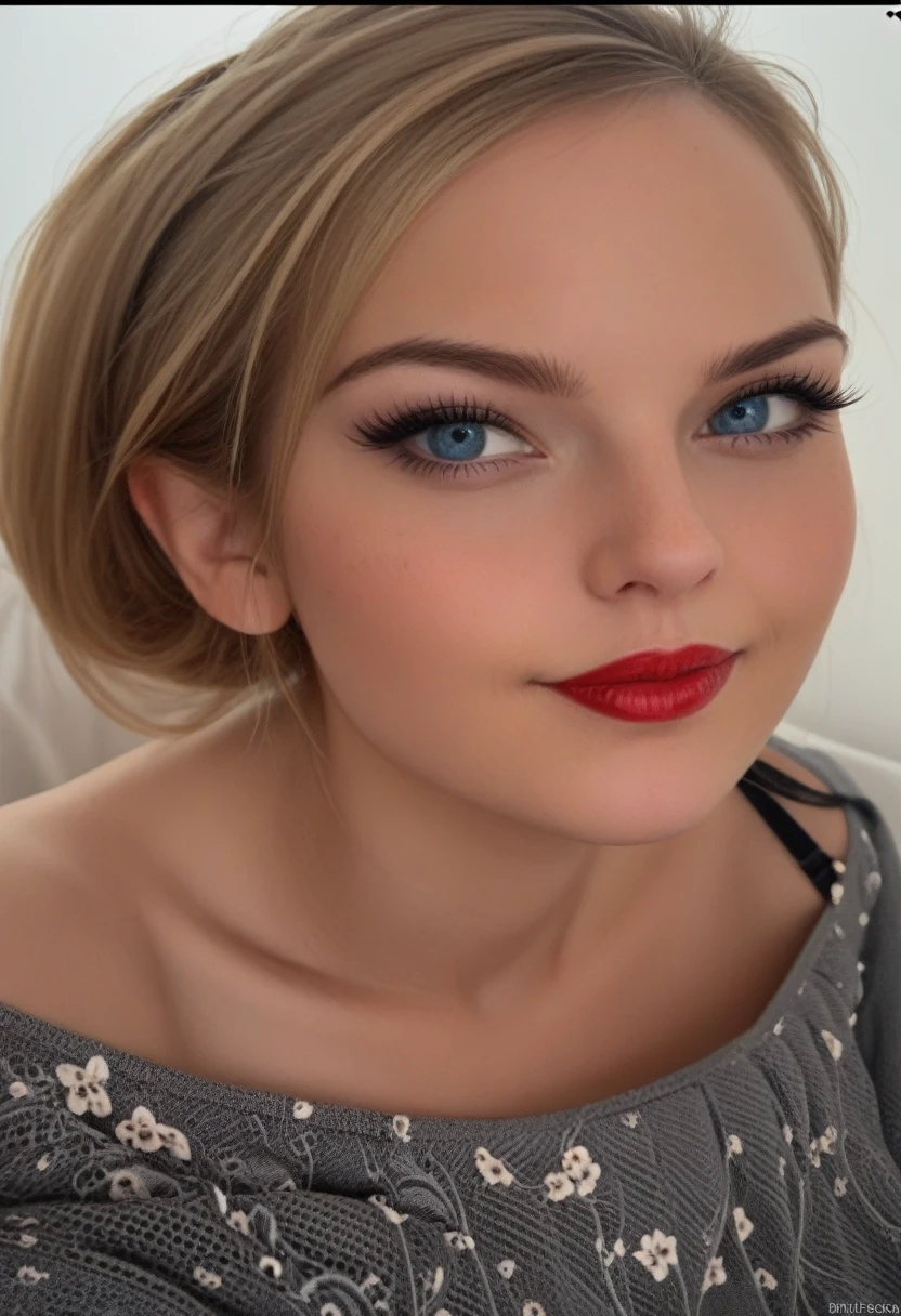 a close up of a woman with a gray top and black eyeliner, face with full makeup, profile image, fantastic details full face, 3 0 years old woman, 30 years old woman, stunning closeupheadshot, with professional makeup, in professional makeup, jaw dropping beauty, fantastic details full faces, laura watson. (photorealistic:1.8), (ultra realistic:1.7). (instagram influencer photo:1.8).score_9, score_8_up, score_7_up, Lady Rouquette style, vintage, 45 YO lady, imaginatively stylized dress, garter belt, magical, alluring, sultry, full-length, female-body, , perfect round , , very slim waist, slim long legs, thigh gap, laced , blonde, bright, OverallDetail, looking at the viewer. looks. blue eyes. red lips. red colored nails. (ultra realistic skin:1.7). Magical beautiful background fantasy, perfect face and eyes, hyper-detailed hypermaximalist dynamic style
