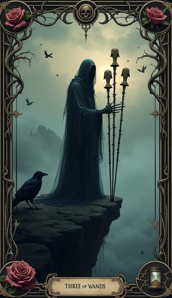 TRES DE BASTOS CARTA DEL TAROT 8K:
"prompt": "A haunting, gothic portrayal of 'The Three of Wands' tarot card, infused with themes of death, exploration, and foresight. At the center, a spectral figure stands on the edge of a shadowy cliff, draped in dark, tattered robes, with skeletal hands grasping three ancient, twisted wands adorned with faint skull engravings and thorny vines. The figure gazes over a dark, mist-filled landscape that stretches to the horizon, symbolizing the journey of the soul into the unknown realms beyond life. In the background, a murky twilight sky with hints of dawn illuminates the scene, suggesting both the end and the beginning of a journey. Gothic details such as withered roses, ravens, and skeletal vines frame the scene, emphasizing the haunting beauty and mystery of the card. The card’s border is decorated with symbols of the ouroboros, hourglasses, and delicate bone patterns, with keywords such as 'Vision Beyond Life', 'Soul’s Journey', 'Expansion', and 'Exploration of Mortality,' capturing the essence of the Three of Wands as a symbol of foresight, adventure, and stepping into the vast unknown of existence."
}