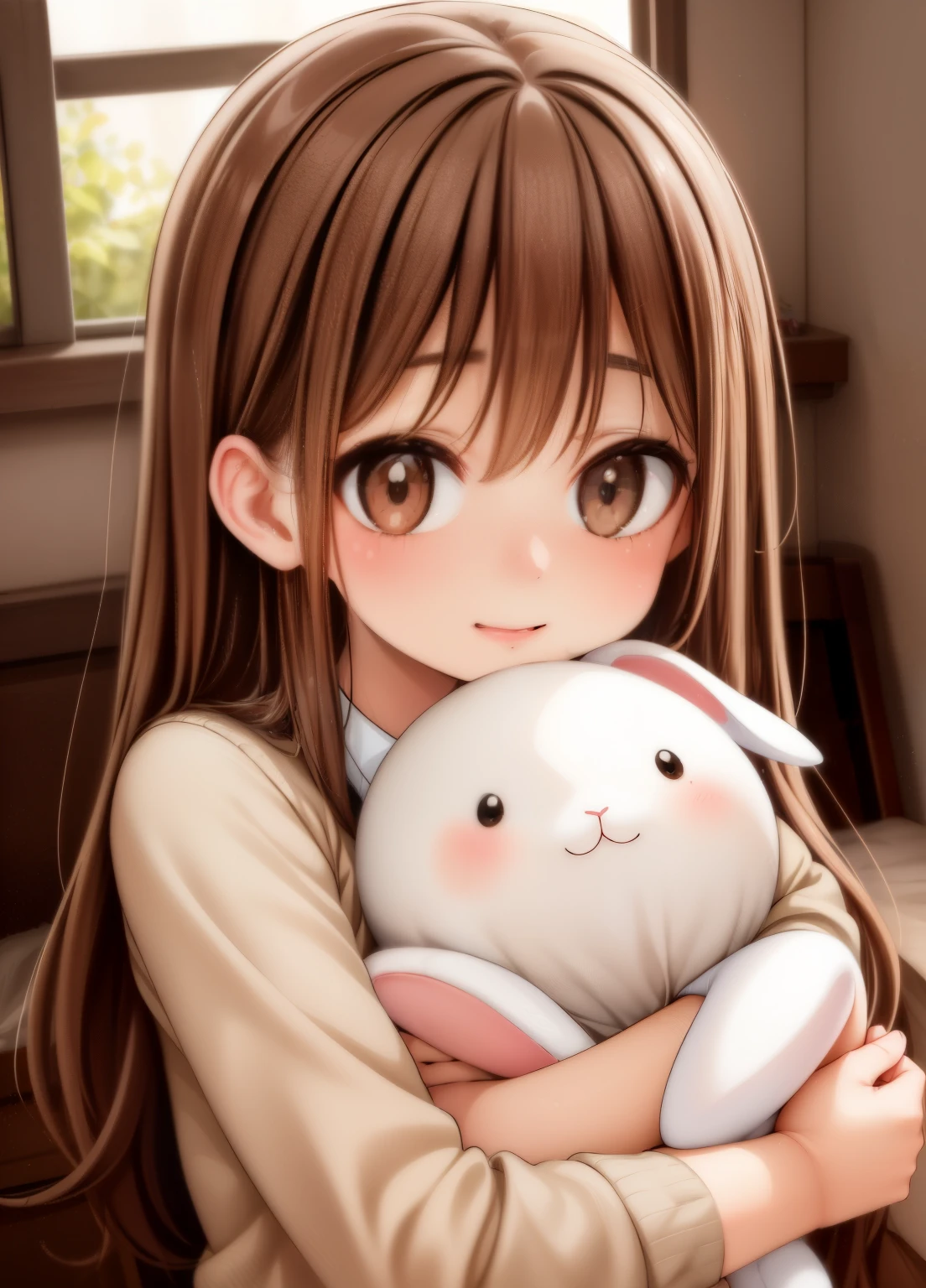 cute girl, beautiful girl, adorable girl, stuffed bunny, white stuffed bunny, soft stuffed bunny, girl hugging stuffed bunny, girl cuddling stuffed bunny, girl holding stuffed bunny, cute expression, happy expression, warm lighting, natural light, soft colors, pastel colors, cinematic lighting, photorealistic, highly detailed, masterpiece, 8k, cinematic quality, portrait shot