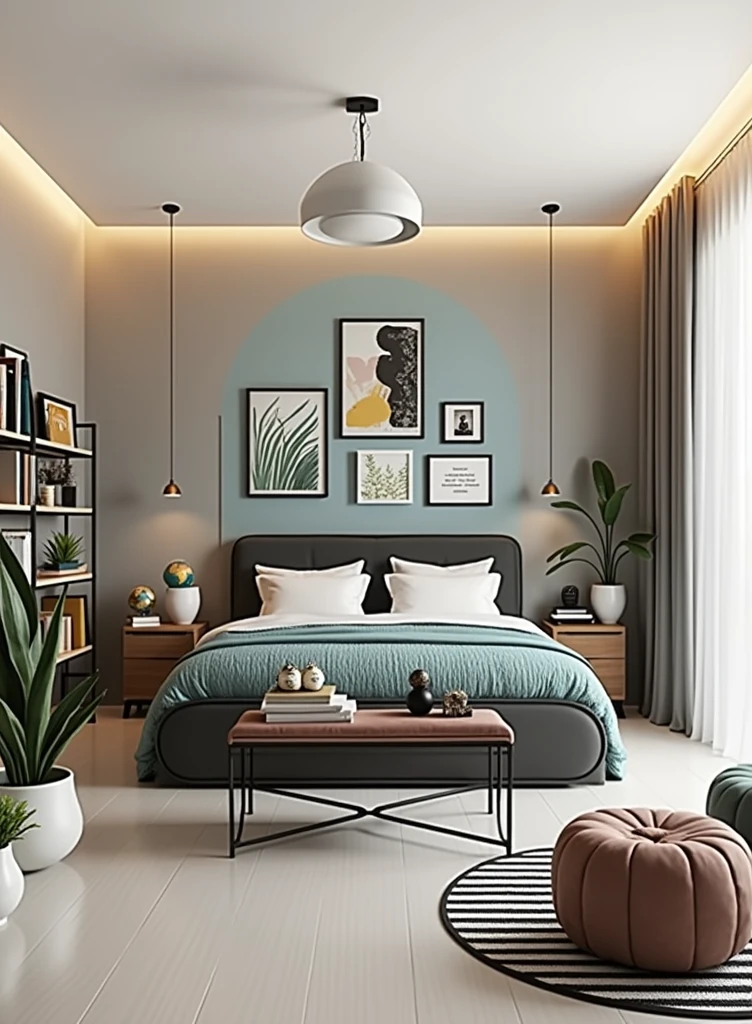 (front photo:3), raw photography, Nikon D850 + AF-S 18-120 MM F/4 VR, 35mm lens, ultra high res.photorealistic:1.5, HDR, Twins' bedroom with a focus on elements that reflect their versatile, curious and creative energy. It is a space full of personality and dynamism. The walls are painted in a soft shade of light gray, providing a neutral base that allows for easy changes to the decor. An accent wall in vibrant light blue adds a youthful and refreshing touch, reminiscent of the lightness of the air, the element that rules Gemini. (The bed has a thin, modern metal structure, with a headboard upholstered in graphite gray fabric:3), to combine comfort and practicality. Next to them, the bedside tables are different from each other, reinforcing Gemini's taste for variety and originality. One of them is made of light wood with drawers with thin metallic handles, while the other is made of acrylic, almost imperceptible and with a contemporary touch. Books and magazines are spread out on hanging shelves and stacked on the bedside table. Above the bed, a gallery of paintings with thin black frames features abstract illustrations, photographs of cities and some inspiring quotes. To illuminate the space, there is a set of versatile lamps, including a ceiling lamp with a minimalist design and a swing-arm table lamp for easy nighttime reading. On the light wooden floor, a black and white striped cotton rug adds contrast and a graphic touch to the room. The decor includes some fun objects, such as stylized globes and travel photo frames. Small plants in white ceramic pots are scattered throughout the space, adding freshness and softness to the room. This is a welcoming yet versatile environment to rearrange the elements whenever you wish, fueling your love for novelty and change.