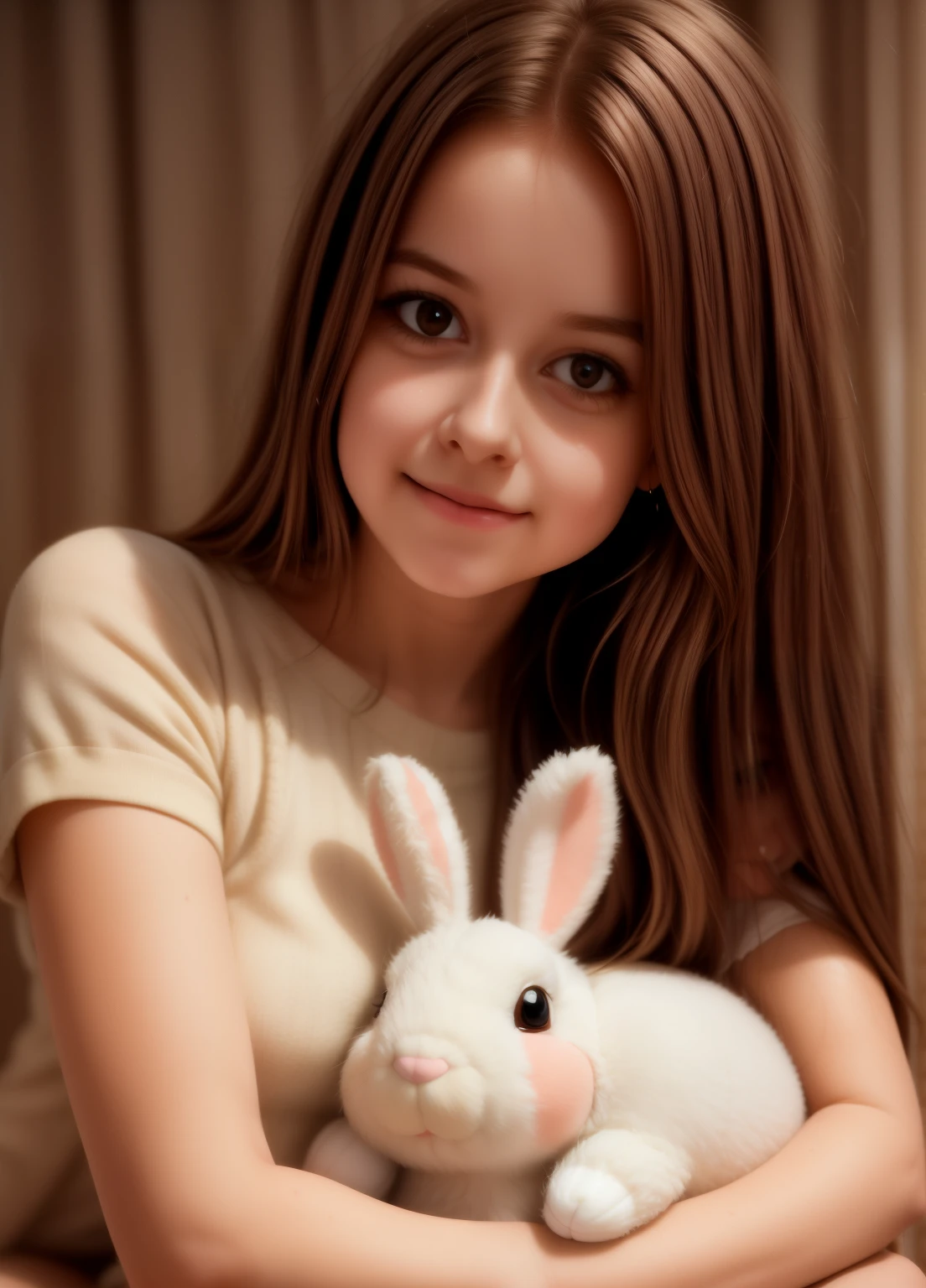 cute girl, beautiful girl, adorable girl, stuffed bunny, white stuffed bunny, soft stuffed bunny, girl hugging stuffed bunny, girl cuddling stuffed bunny, girl holding stuffed bunny, cute expression, happy expression, warm lighting, natural light, soft colors, pastel colors, cinematic lighting, photorealistic, highly detailed, masterpiece, 8k, cinematic quality, portrait shot