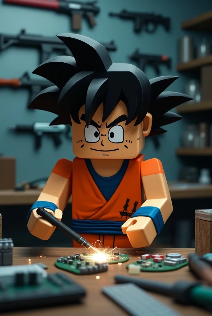 The character Goku Minecraft version with a tracker in his eye soldering a circuit with weapons hanging on the wall and Trunks's sword in a laboratory 