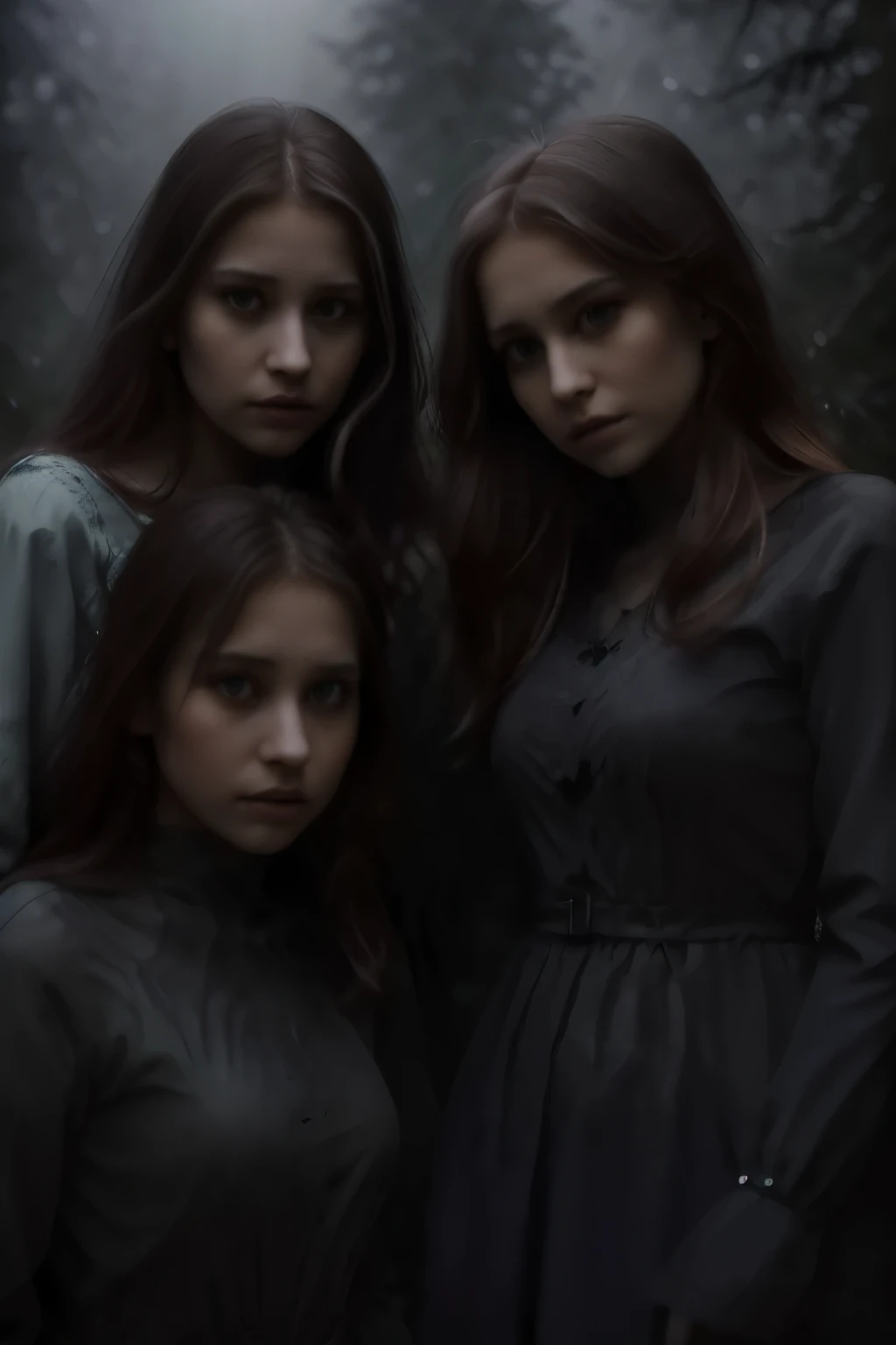 a group of 5 girls standing in a foggy forest, beautiful detailed eyes, beautiful detailed lips, extremely detailed eyes and face, long eyelashes, spooky silhouettes, witches, promotional still, silhouette, trees, hills, melancholic art, soft lighting, cinematic, dramatic, soft color palette, dramatic shadows, atmospheric. different hair colors for each girl