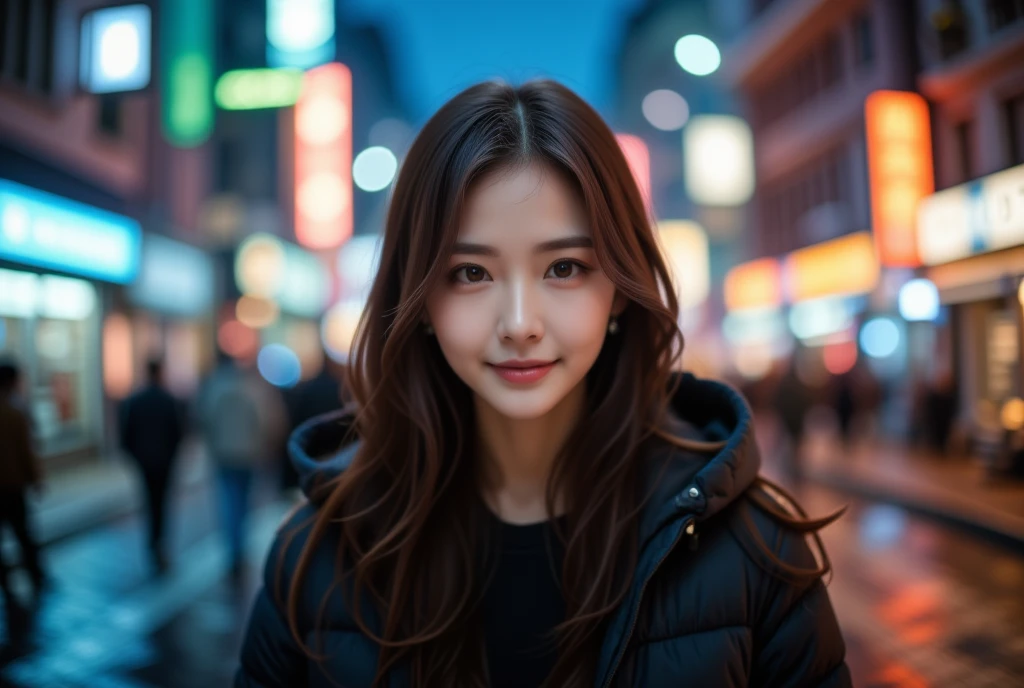 A cinematic portrait of a young East-Asian woman with long, slightly wavy hair, wearing a dark hooded jacket. She stands in a vibrant city at night, surrounded by bokeh lights of various colors that create a soft, out-of-focus background. Her expression is serene and confident, looking directly into the camera. The lighting is natural but enhanced with warm and cool tones, creating depth and contrast on her face. This shot is taken with a Sony A7 IV camera and a Sigma 85mm f1.4 lens, providing a shallow depth of field that creates a dreamy, blurred effect. Film grain is applied for a nostalgic cinematic look. The image is professionally color graded to emphasize both the warm glow of street lights and the cool shadows of the night, creating a visually striking balance. The scene is lit with soft ambient light, accented by neon reflections, adding a modern, urban touch.
