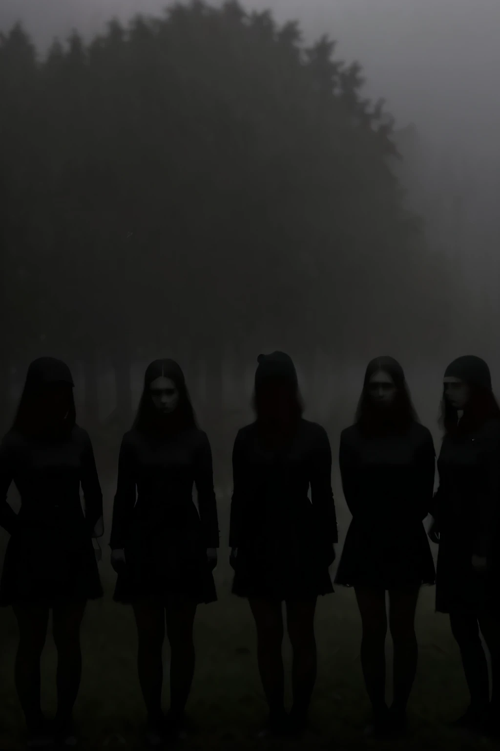 five girls standing in front of trees in a foggy forest, ghostly silhouettes, silhouettes, siluettes, silhouettes in field behind, silhouette!!!, still from a music video, silhouetted, press shot, silhoutte, promo shot, photo still of, witches, promo still, silhouette, against the backdrop of trees and hillse, melancholic art, ghostly silhouettes, fog, hills in background, spooky ambient, dark fantas