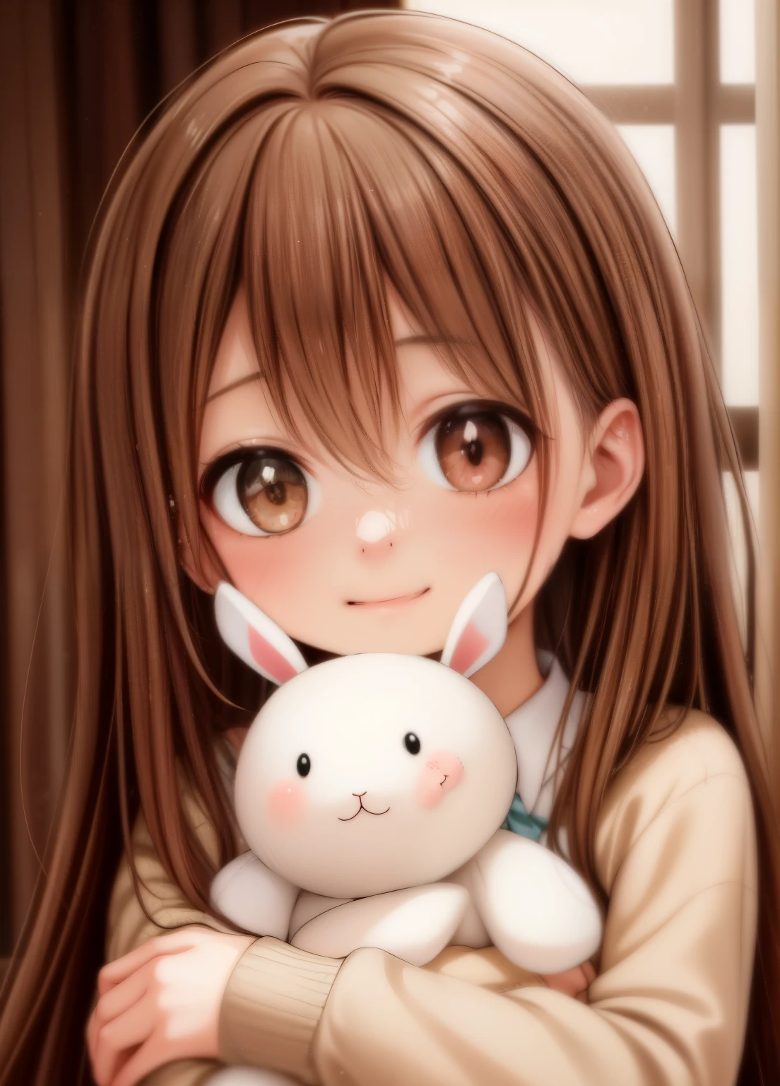 cute girl, beautiful girl, adorable girl, stuffed bunny, white stuffed bunny, soft stuffed bunny, girl hugging stuffed bunny, girl cuddling stuffed bunny, girl holding stuffed bunny, cute expression, happy expression, warm lighting, natural light, soft colors, pastel colors, cinematic lighting, photorealistic, highly detailed, masterpiece, 8k, cinematic quality, portrait shot