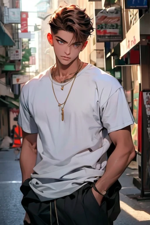 Best Quality, 【8k,  High resolution image ,  Anime style magic fight ,  Fine strokes ,  slightly tanned skin tone , Vague,  Purple light reflected , (panoramic拍攝角), 1 person, young, male, Model, かっこいいmale,  muscle developed , Shaved body , Smile, blue eyes, brown very short hair,  Brown Hair , short hair, Hairstyle: price-cutting competition,   I cut my hair .,  My chest swelled ,  He was wearing a white T-shirt jacket , Link Chain, Black Sweatpants,  with his hands tucked into his pocket , 金のLink Chain. background: City, 大都Cityの通りBest Quality, 【8k,  High resolution image ,  Anime style magic fight ,  Fine strokes ,  slightly tanned skin tone , Vague,  Purple light reflected , (), 1(人panoramic肖像1.4, )young, male,  model Fashion  ，かっこいいmale,  muscle developed , Shaved body , Smile,  Blue gradient eyes ,  very short hair,  Light brown ribbon Pink gold hair dye, short hair, Hairstyle: price-cutting competition,   I cut my hair .,  My chest swelled ,  He was wearing a white T-shirt jacket , Link Chain, Black Sweatpants,  with his hands tucked into his pocket , 金のLink Chain. background: City, 大都Cityの通り解剖學正確, panoramic, 