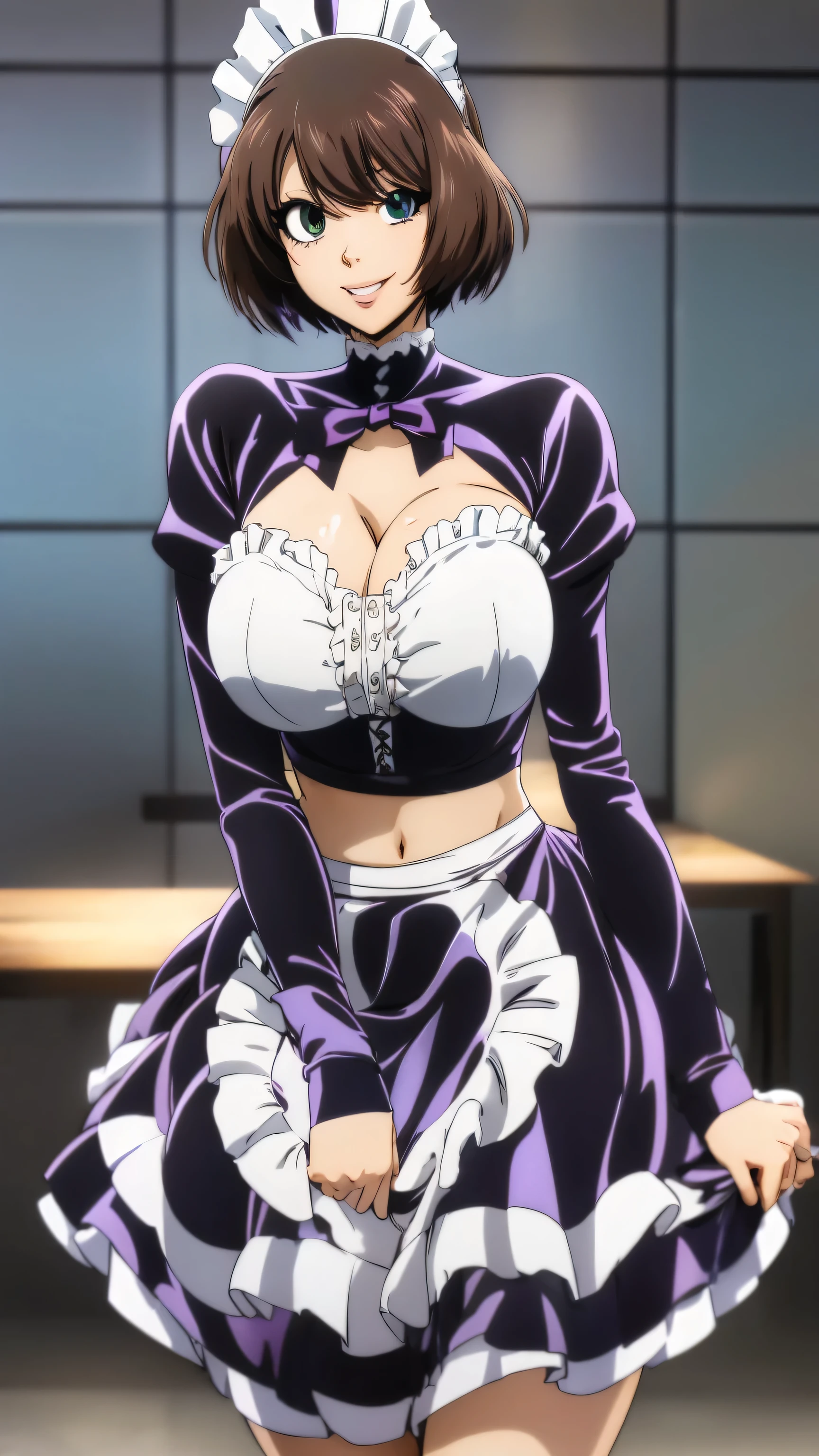 A happy maid woman beautiful big breasts beautiful sexy cute attractive big dark brown hair disheveled cut her light yellow eye big eyelashes purple maid top dresses shows her navel and dresses metallic purple maid skirt