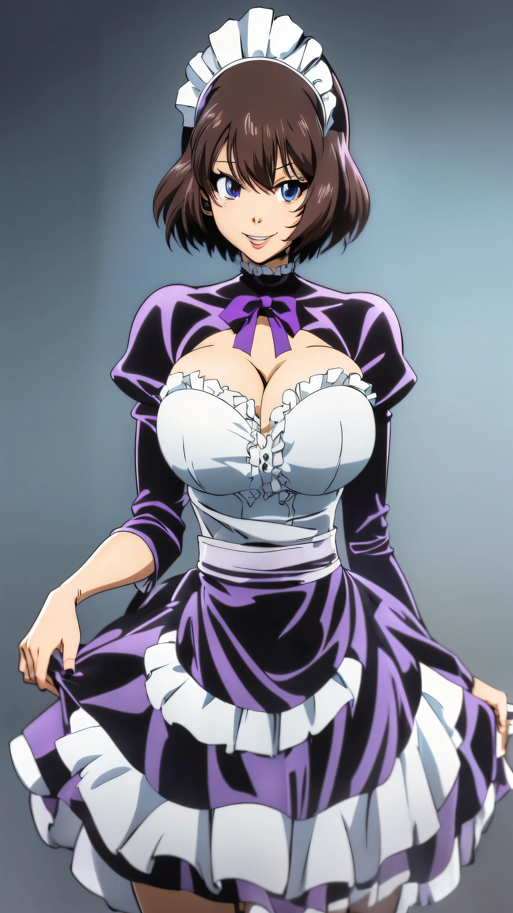 A happy maid woman beautiful big breasts beautiful sexy cute attractive big dark brown hair disheveled cut her light yellow eye big eyelashes purple maid top dresses shows her navel and dresses metallic purple maid skirt