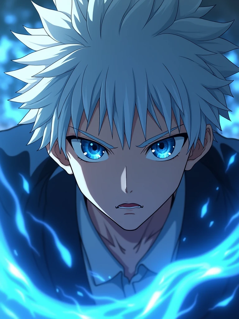 High quality, ultra realistic,absurdres, highres, ultra detailed, HDR, masterpiece, extremely detailed face and eyes,  Gojo satoru , jujutsu kaisen,, white hair ,black shirt , solo, ,man, handsome, ,white eyeleshes, blue eyes , Epic fight scene, blue splashing effect,blue lightning  effect,glowing glitters , close up,cool eyes, symetrical