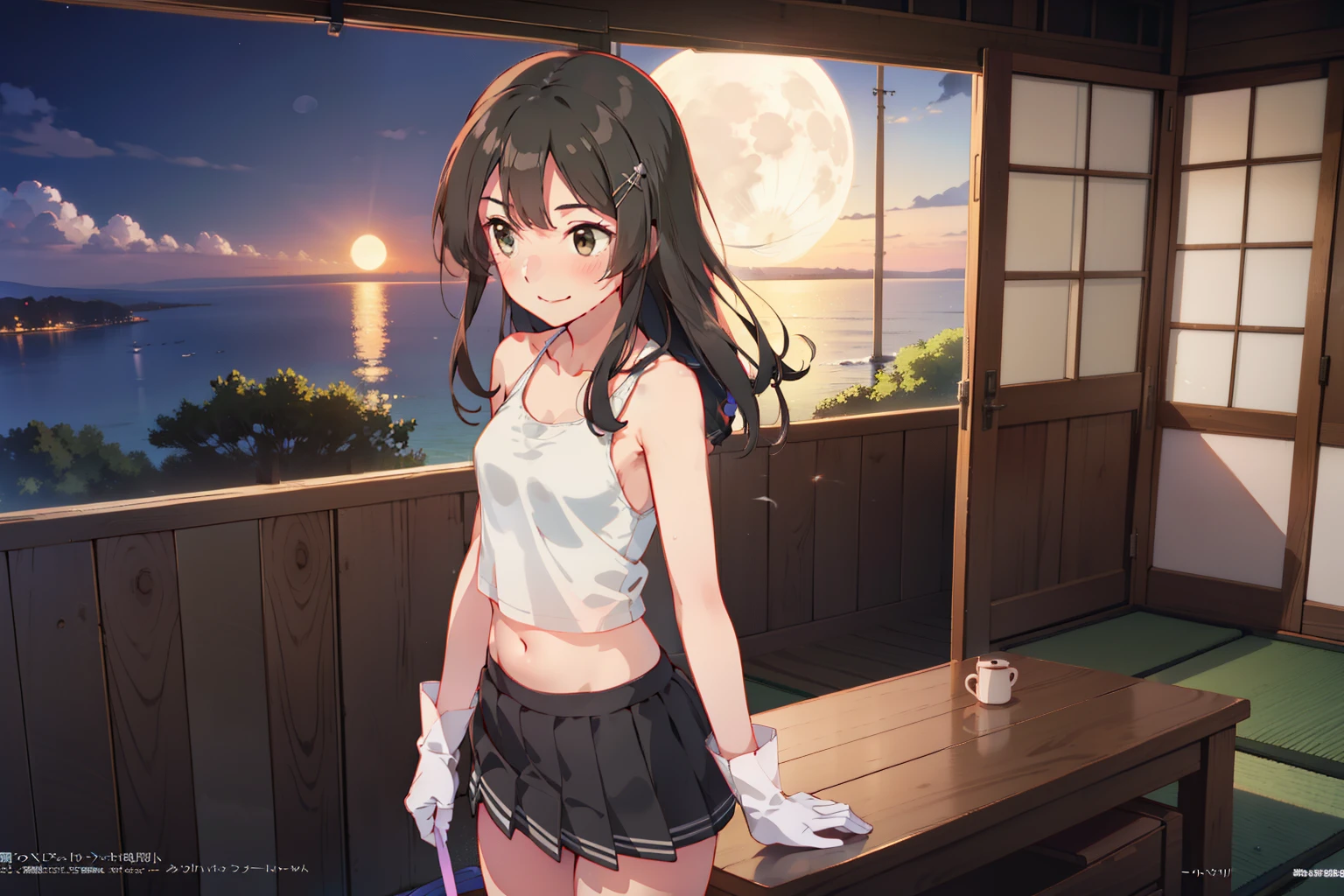 oyashioKC,long hair, kancolle official art, konishi, hairclip , white tank top, navel, black skirt, skirt, white gloves, pleated skirt, (small breasts:1.2), solo, tilted head, standing, looking away, shy, blush, official art, best masterpiece, best quality, best resolution, 8K, best detailed, perfect anatomy, ocean, midnight, full moon, very fine and detailed 16KCG wallpapers,, vignette, pastel colored, oil painting, navel, embarrassed smile, inside a hut, window, nipa, mosquito coil smoke, legs, japanese style room