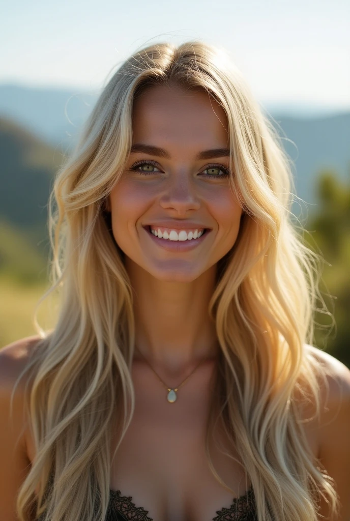 (chzJaimePressly), a Detailed Realistic Photo of a woman with a blonde hair style, Beautiful, Detailed face, Perfect Eyes, (smiling showing teeth:1.1), (highly detailed skin:1.1), perfect body, wearing a gold dress designed by CHANEL, Modelshoot, soft lighting, Photorealistic, Realistic, Sunny, (Standing on a field with tall grass in Italy background), blurred background, film grain,, RAW, analog, sharp focus, 8k, HD, DSLR, high quality, Fujifilm XT3, film grain, award winning, masterpiece,