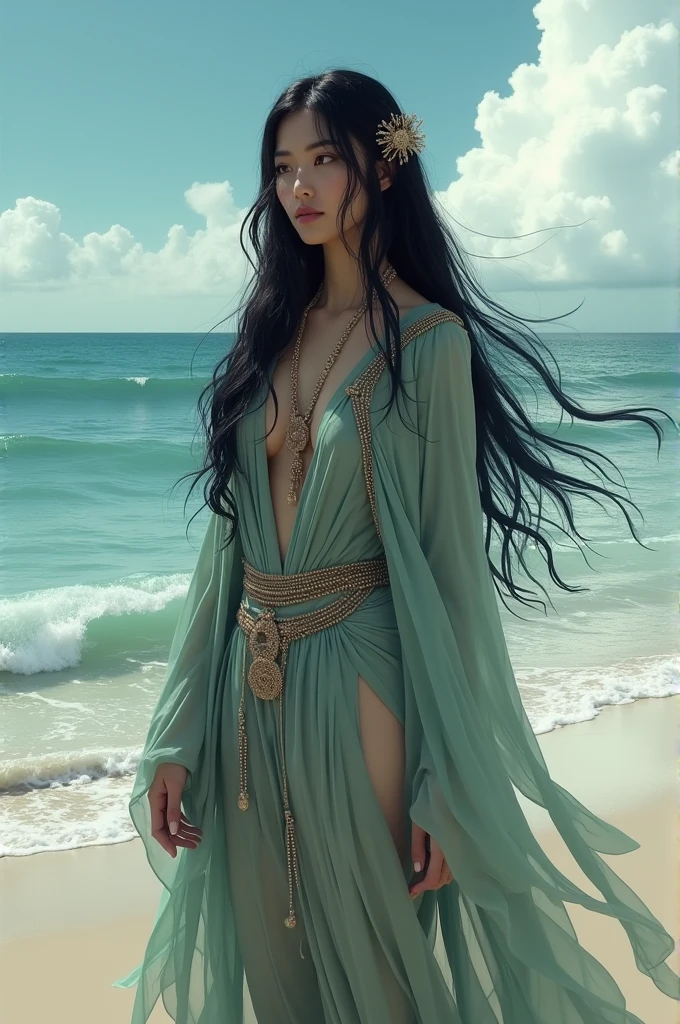 Apenas 1 mulher arafed em um vestido azul claro com uma cachoeira no fundo, corpo inteiro, muito bonito Top model do Rio de Janeiro, Handsome elven character with smile, Elven princess with long black hair, beautiful elven princess, Elven Queen Galadriel, cosplay realista, Imperatriz de cabelo preto longo, Rio de Janeiro, costume photo shoot, elfo feminino bonito e elegante