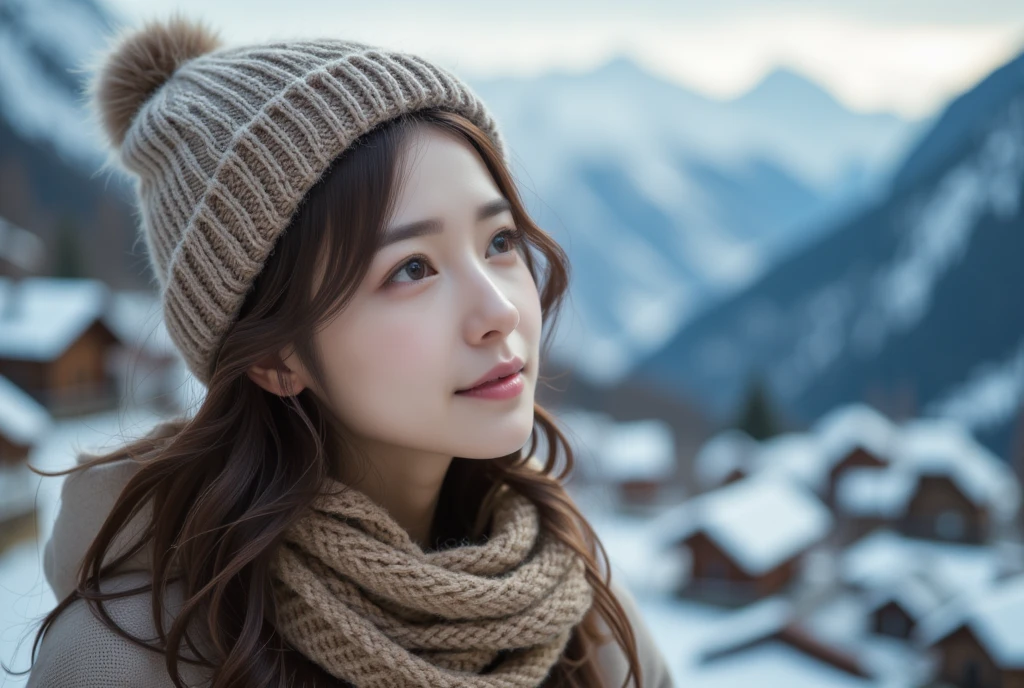 A detailed cinematic portrait of a young East-Asian woman with light, slightly tousled hair that gently frames her face, some strands subtly catching the ambient light. She wears a warm, knitted hat with a textured pattern in earthy tones, perfectly complementing her thick, cozy scarf wrapped around her neck. Her gaze is calm and contemplative, directed slightly upward, as if admiring the snow-capped mountains in the background. Her skin has a natural, soft glow, enhanced by the crisp, cold air, and faint freckles add a touch of youthful authenticity to her appearance. The background showcases a serene mountain village with rooftops dusted in snow, set against a backdrop of towering peaks partially obscured by a soft winter mist. This shot is taken with a Sony A7 IV camera and a Canon 50mm f1.2 lens to create a shallow depth of field, blurring the background while keeping the subject sharply in focus. The natural lighting, accentuated by a slight backlight from the sun low in the sky, creates a subtle halo effect around her hair. The scene is enhanced with a touch of film grain for a classic, cinematic feel, and professional color grading brings out the warm tones of her attire and the cool blues and whites of the winter landscape, achieving a perfect balance of warmth and chill in the overall composition.