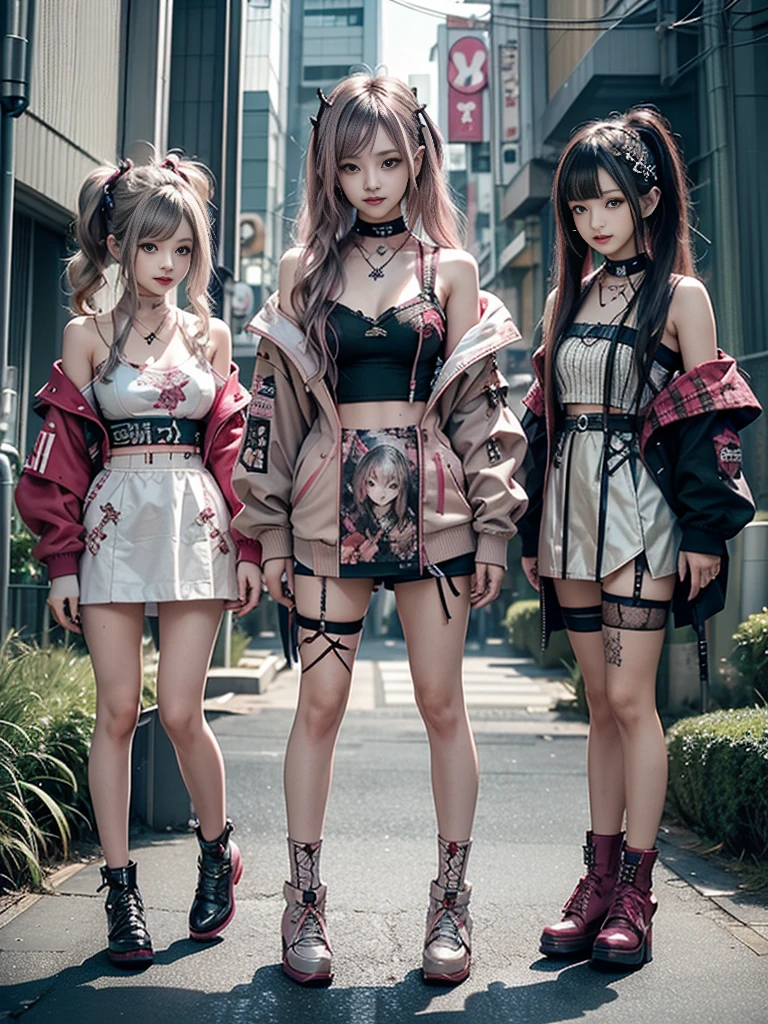 three asian GIRLS posing for a photo in front of a fence, ecchi style, girls, ecchi, cute girls, cutecore, e-girl, e-girl, ecchi 3d anime style, perfect family android girl, skinny young gravure idol, beautiful girls, realistic young gravure idol, anime-style, anime style mixed with fujifilm
