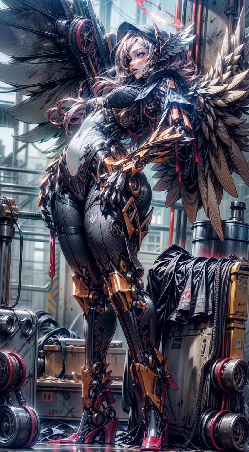 scantily clad，(very_large_mechanical_wings:1.5), Thick mech，In pink，red colour，black in color，white colors，purpleish color，Lots of detail，Mix and match，metalictexture，Ruined city，Dirty streets，Combat damage mech，Full body like，Huge bust，Take to the skies，nakeness，Large amounts of colored liquid, solo, angel, halo, war, dynamic pose,bad_pictures
