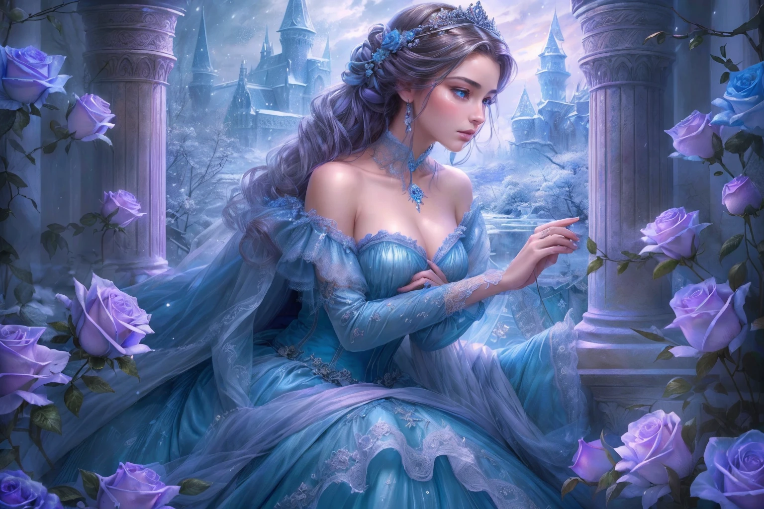 This is realistic (((fantasy))) artwork set in the frozen blue rose garden of an enchanted ice castle in winter and should consist of many shades of cold blue colors. It is snowing heavily. Generate a proud woman with a (((highly detailed face))) dressed in the billowing folds of a stunning French silk ballgown. The woman's elegant face is ((((highly detailed, with realistic features and soft, puffy lips.)))) The ballgown is embellished with ruffles, sashes, and bows and a delicately, but intricately, hand-embroidered bodice. The corset features silk ribbon. She is wearing Victorian royal winter outer clothes. The woman's stunning eyes are beautifully detailed, featuring realistic shading and multiple colors, and in high resolution. The woman is in a garden of eternal roses, each one beautifully formed and highly detailed. These realistic blue roses feature shimmering shades of light blue, dark blue, silver, and glimmering blue-purple. The eternal rose is a deep shade of periwinkle with shimmering iridescent overtones and undertones. Ensure that the woman's face, hair, and eyes are perfect. realism, high fantasy, whimsical fantasy, storybook fantasy, fairytale fantasy, fantasy details, enchanting, bewitching, 8k, hires, CGI, digital painting, unity, unreal engine, (((masterpiece))), intricate, elegant, highly detailed, majestic, digital photography, art by artgerm and ruan jia and Greg Rutkowski, (masterpiece, finely detailed beautiful eyes: 1.2), hdr, realistic skin texture, (((1woman))), (((solo))), Include a highly detailed face, extremely detailed face, and interesting background.