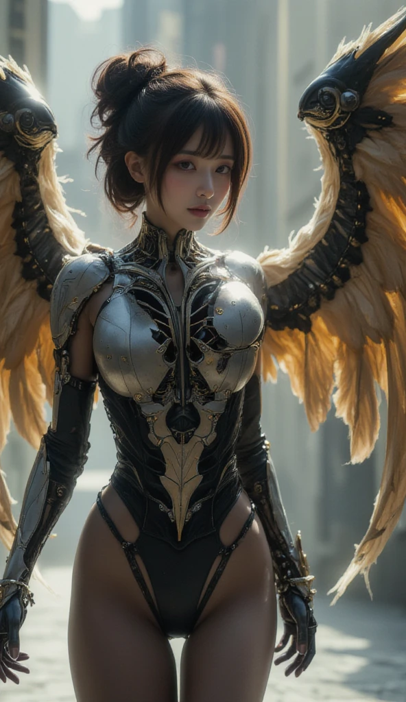 （（RAW photogr）），（（tmasterpiece）），Street Tokyo, Japan，Anthropomorphic humanoid angel in red liquid armor，shapely body，Fairleg，Bigchest，intricate-detail，futobot，Complex works of Gribors，large wings，F17 key，softlighting