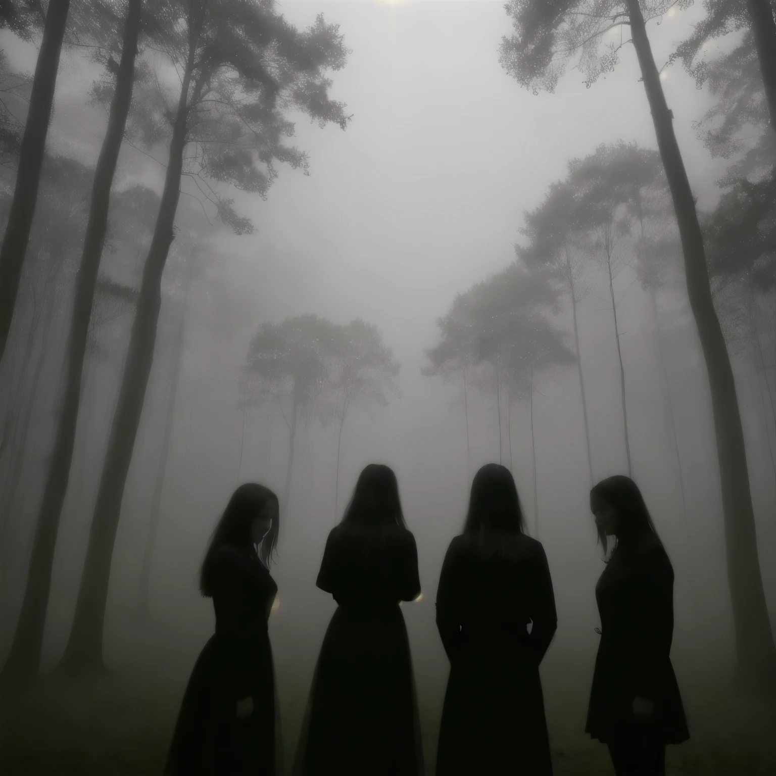 
five girls standing in front of trees in a foggy forest, ghostly silhouettes, silhouettes, siluettes, silhouettes in field behind, silhouette!!!, still from a music video, silhouetted, press shot, silhoutte, promo shot, photo still of, witches, promo still, silhouette, against the backdrop of trees and hillse, melancholic art, ghostly silhouettes, fog, hills in background, spooky ambient, dark fantas