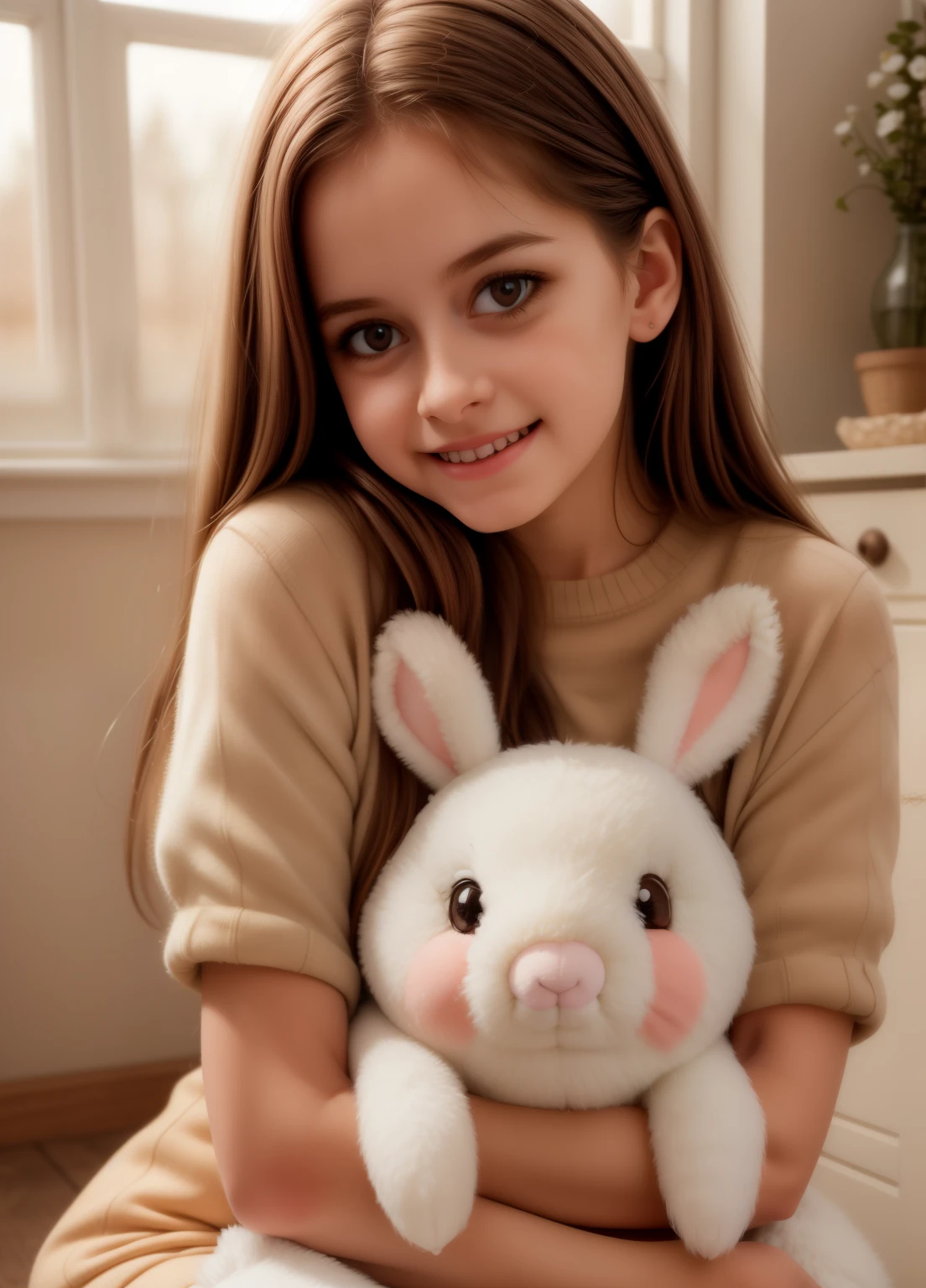 cute girl, beautiful girl, adorable girl, stuffed bunny, white stuffed bunny, soft stuffed bunny, girl hugging stuffed bunny, girl cuddling stuffed bunny, girl holding stuffed bunny, cute expression, happy expression, warm lighting, natural light, soft colors, pastel colors, cinematic lighting, photorealistic, highly detailed, masterpiece, 8k, cinematic quality, portrait shot