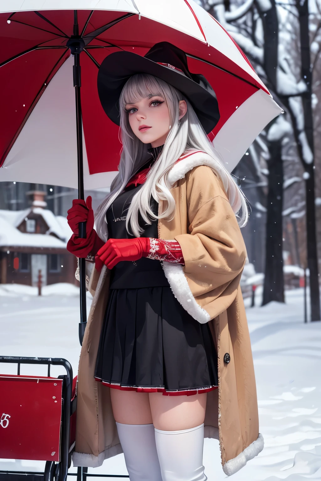 A 30-year-old witch with long gray hair, wearing a red and white hat , black boots , a red skirt and white tights , standing on a winter background , holding a cart, detailed face gloves, beautiful and detailed eyes , beautiful and detailed lips , extremely detailed eyes and face , long eyelashes, ( best quality ,4K,8k, highres icon,masterpiece:1.2),ultradetailed,(realistic, photorealistic , photorealistic :1.37),HDR,Ultra HD, studio lighting ,ultra-fine painting,sharp focus, her bedroom , Extremely Detailed Description,professional, vivid colors ,bokeh effect,Fantasy,portrait, Snow floor , fur coat, holding an umbrella, neve