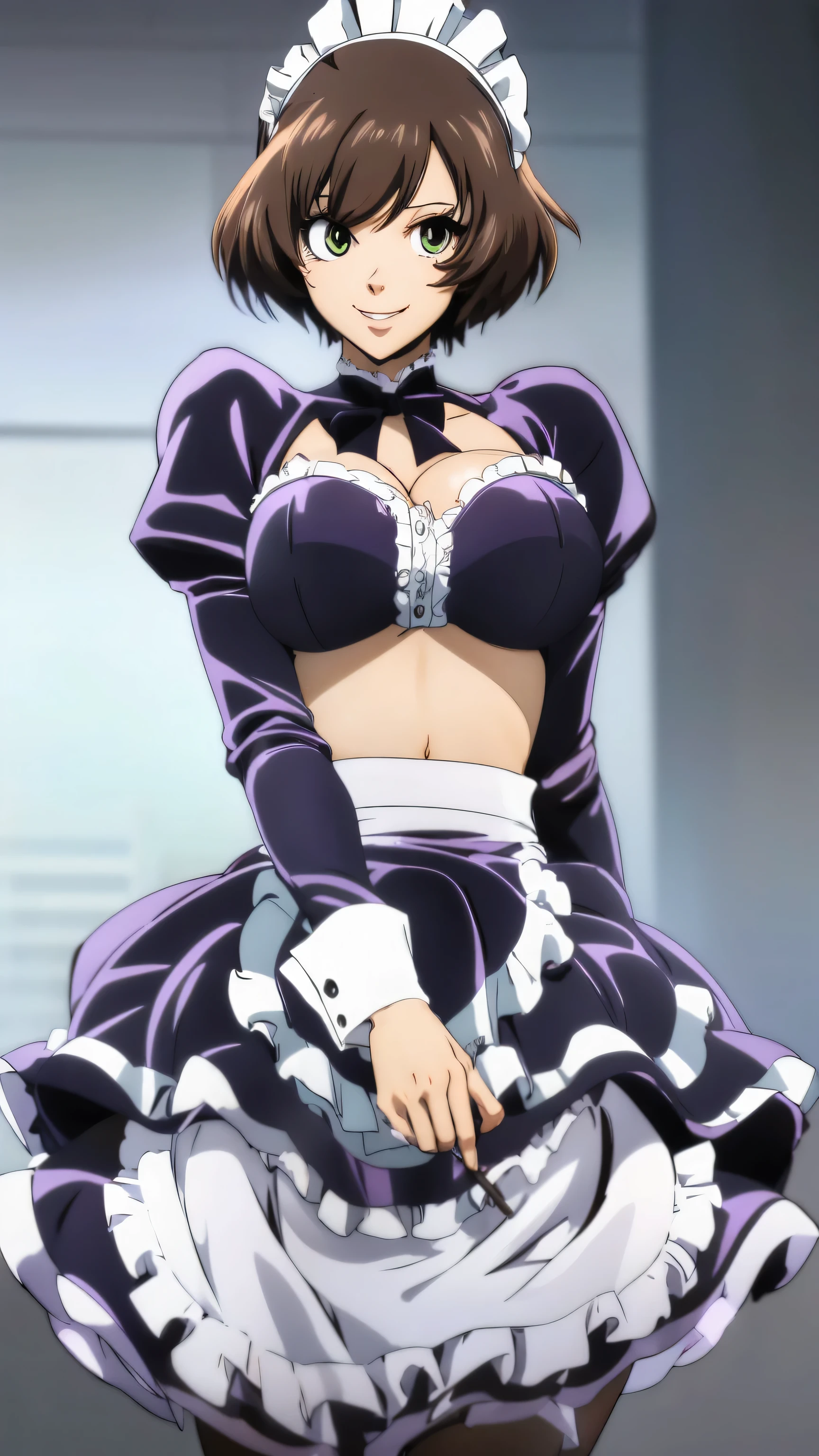 A happy maid woman beautiful big breasts beautiful sexy cute attractive big dark brown hair disheveled cut her light yellow eye big eyelashes purple maid top dresses shows her navel and dresses metallic purple maid skirt