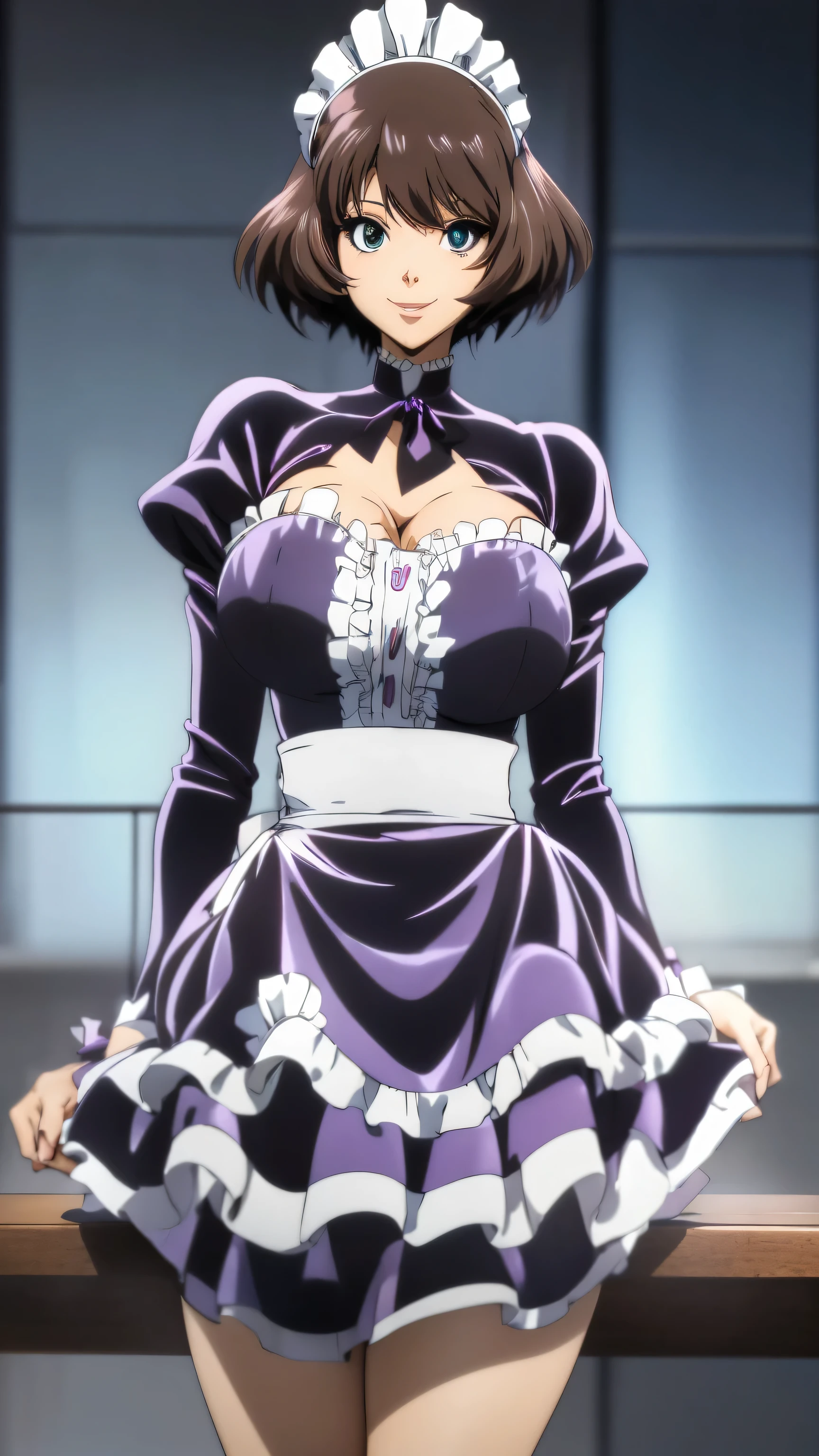 A happy maid woman beautiful big breasts beautiful sexy cute attractive big dark brown hair disheveled cut her light yellow eye big eyelashes purple maid top dresses shows her navel and dresses metallic purple maid skirt