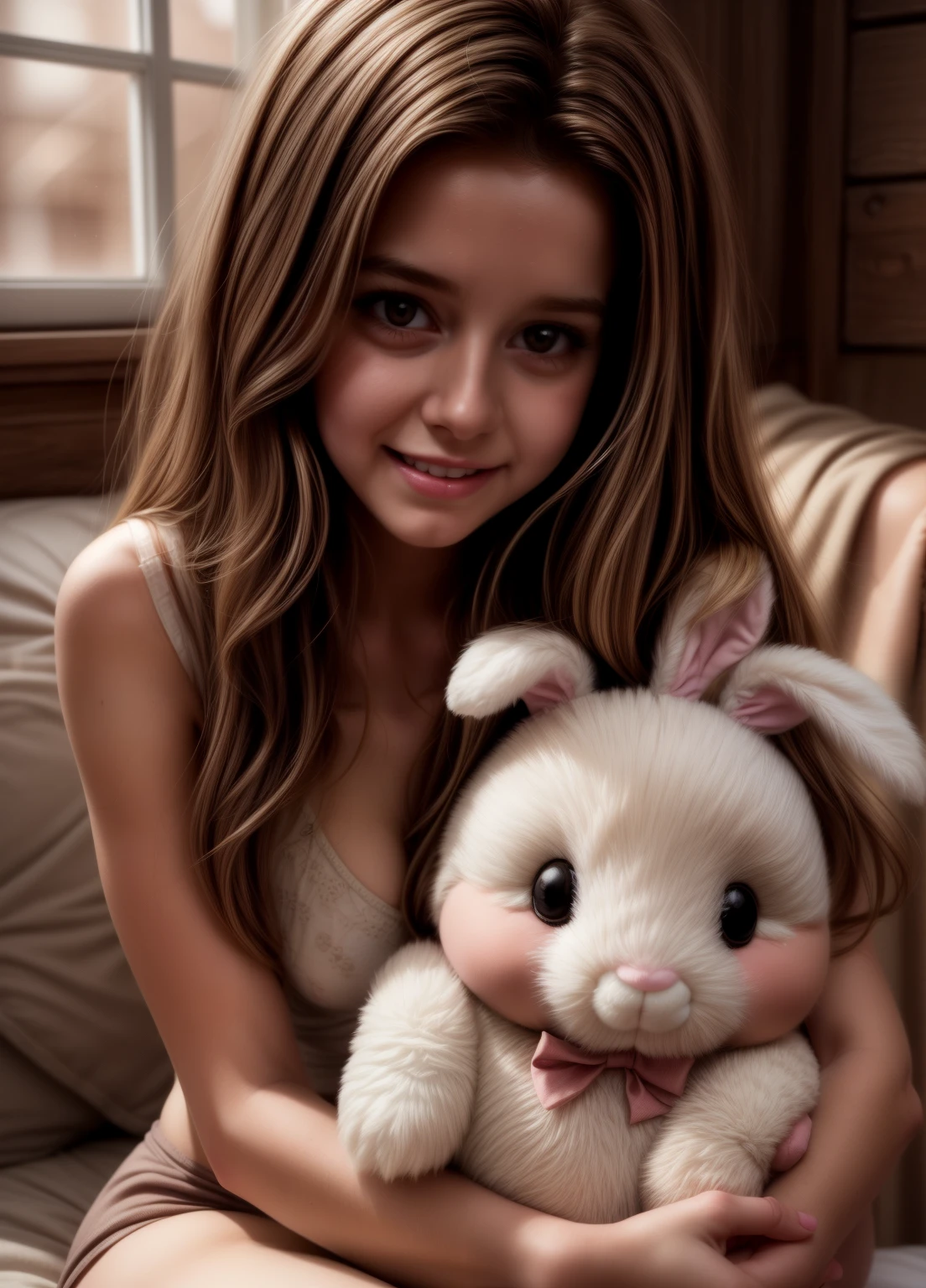 cute girl, beautiful girl, adorable girl, stuffed bunny, white stuffed bunny, soft stuffed bunny, girl hugging stuffed bunny, girl cuddling stuffed bunny, girl holding stuffed bunny, cute expression, happy expression, warm lighting, natural light, soft colors, pastel colors, cinematic lighting, photorealistic, highly detailed, masterpiece, 8k, cinematic quality, portrait shot