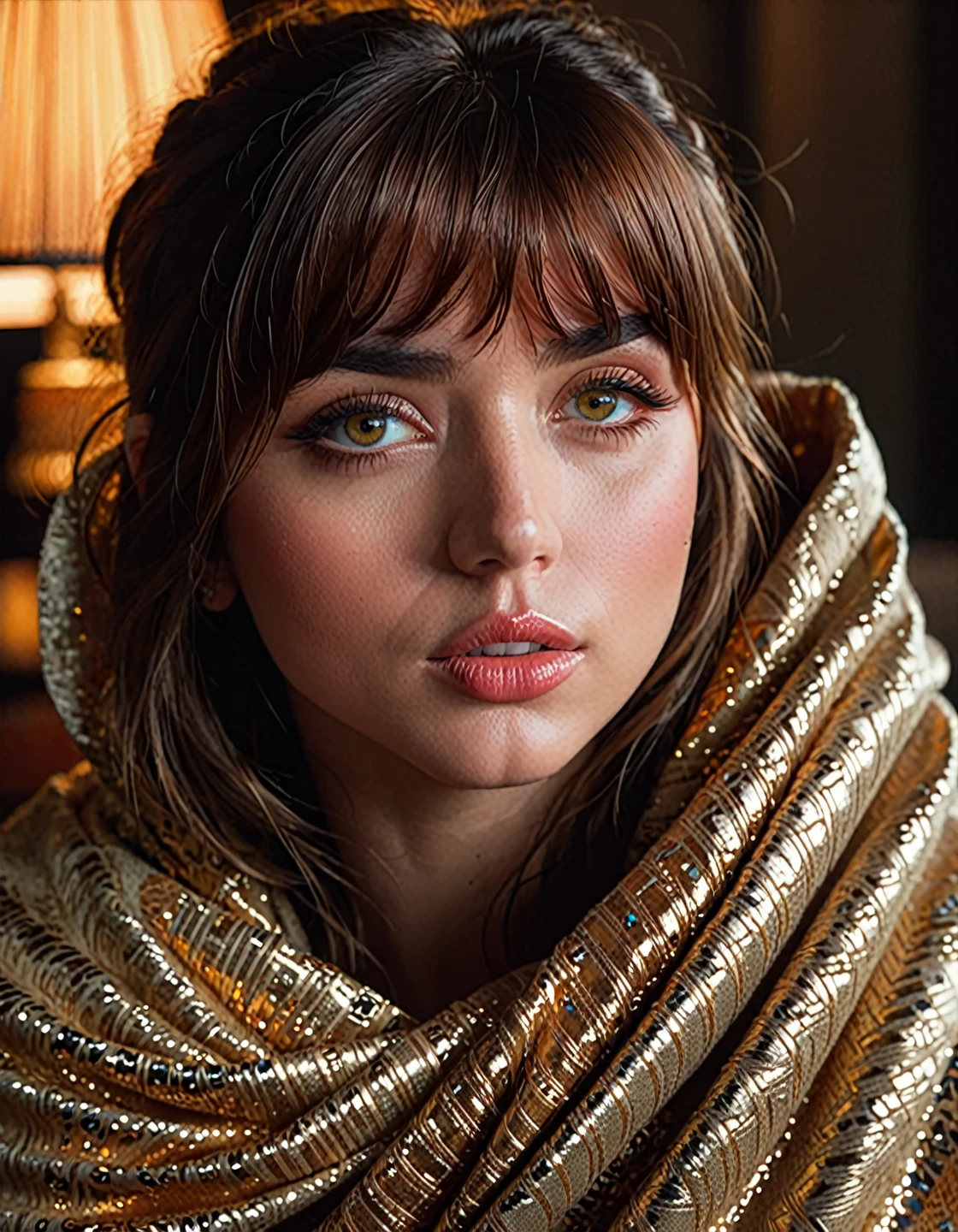 j0i woman with bangs , sits in a chair забравшись в кресло с ногами, wrapped in a blanket , ( best quality ,4K,8 k, High definition,masterpiece:1.2), ultra-detailed,( Realistic,photo Realistic,photo- Realistic:1.37),detailed face, detailed eyes,detailed lips,beautiful detailed face, with beautiful detailed skin ,beautiful  detailed eyes,beautiful detailed lips,  long lashes , soft lighting,warm tones, cinematic lighting , contrasting lighting ,highly detailed,photo Realistic,concept art, studio lighting