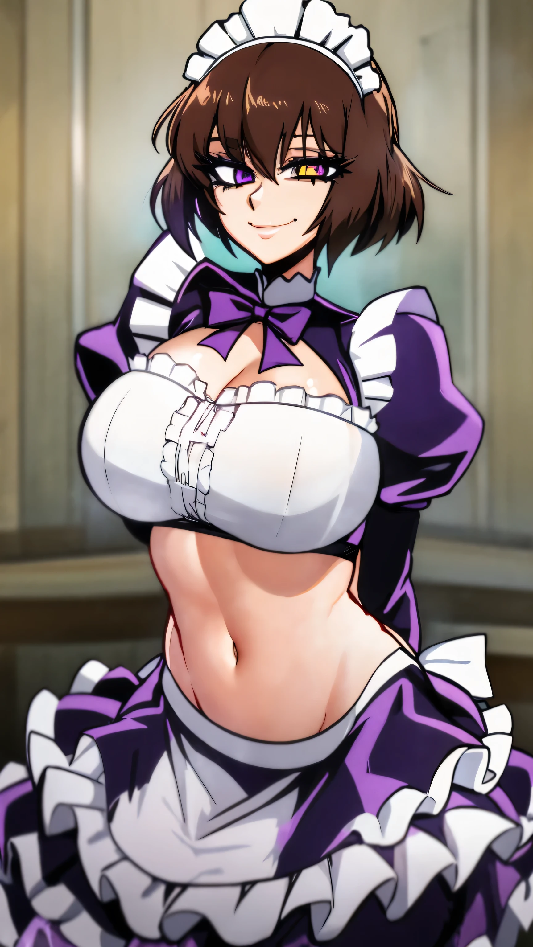 A happy maid woman beautiful big breasts beautiful sexy cute attractive big dark brown hair disheveled cut her light yellow eye big eyelashes purple maid top dresses shows her navel and dresses metallic purple maid skirt