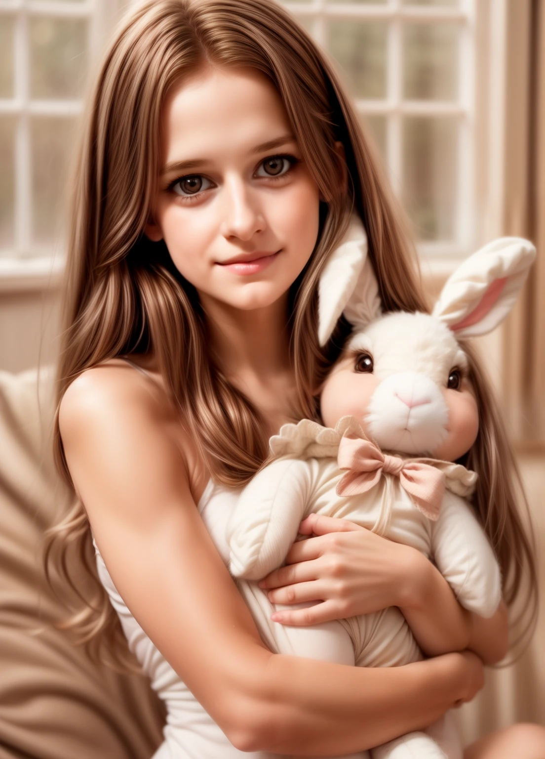 cute girl, beautiful girl, adorable girl, stuffed bunny, white stuffed bunny, soft stuffed bunny, girl hugging stuffed bunny, girl cuddling stuffed bunny, girl holding stuffed bunny, cute expression, happy expression, warm lighting, natural light, soft colors, pastel colors, cinematic lighting, photorealistic, highly detailed, masterpiece, 8k, cinematic quality, portrait shot