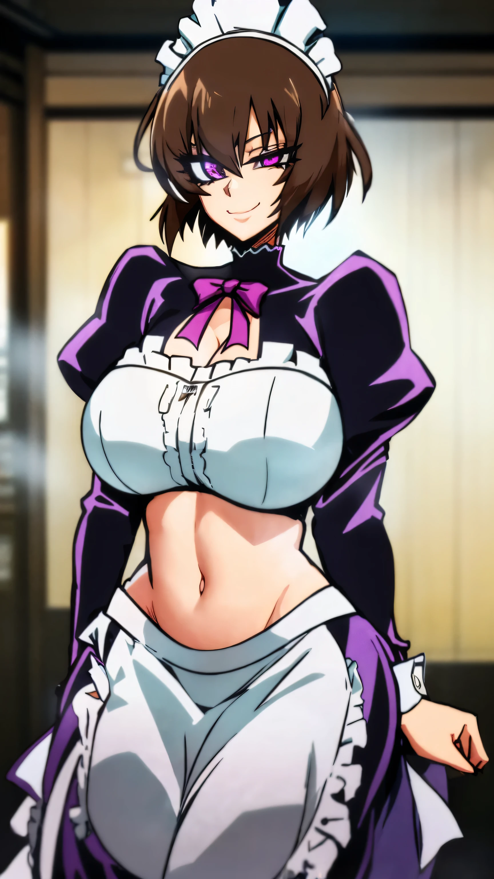 A happy maid woman beautiful big breasts beautiful sexy cute attractive big dark brown hair disheveled cut her light yellow eye big eyelashes purple maid top dresses shows her navel and dresses metallic purple maid skirt